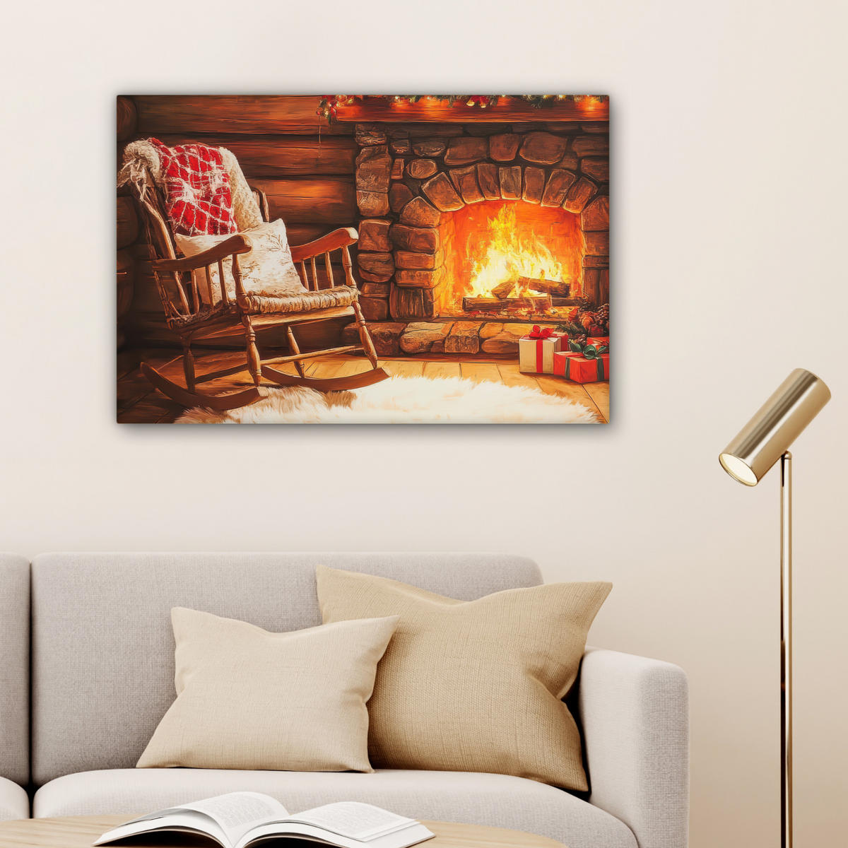 LEINWANDBILD Winter - Weihnachten - Zuhause - Kamin Wanddeko 90x60 cm - Bernsteinfarben, Textil (90/60cm) - MuchoWow