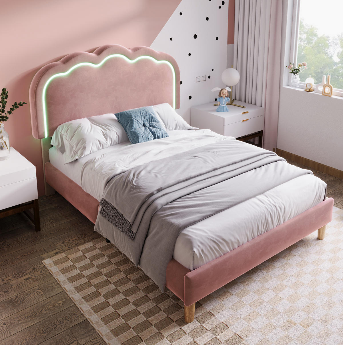 POLSTERBETT 90/200 cm Rosa aus Samt mit LED-Kopfteil - Pink, Textil (90/200cm) - OKMYHOME