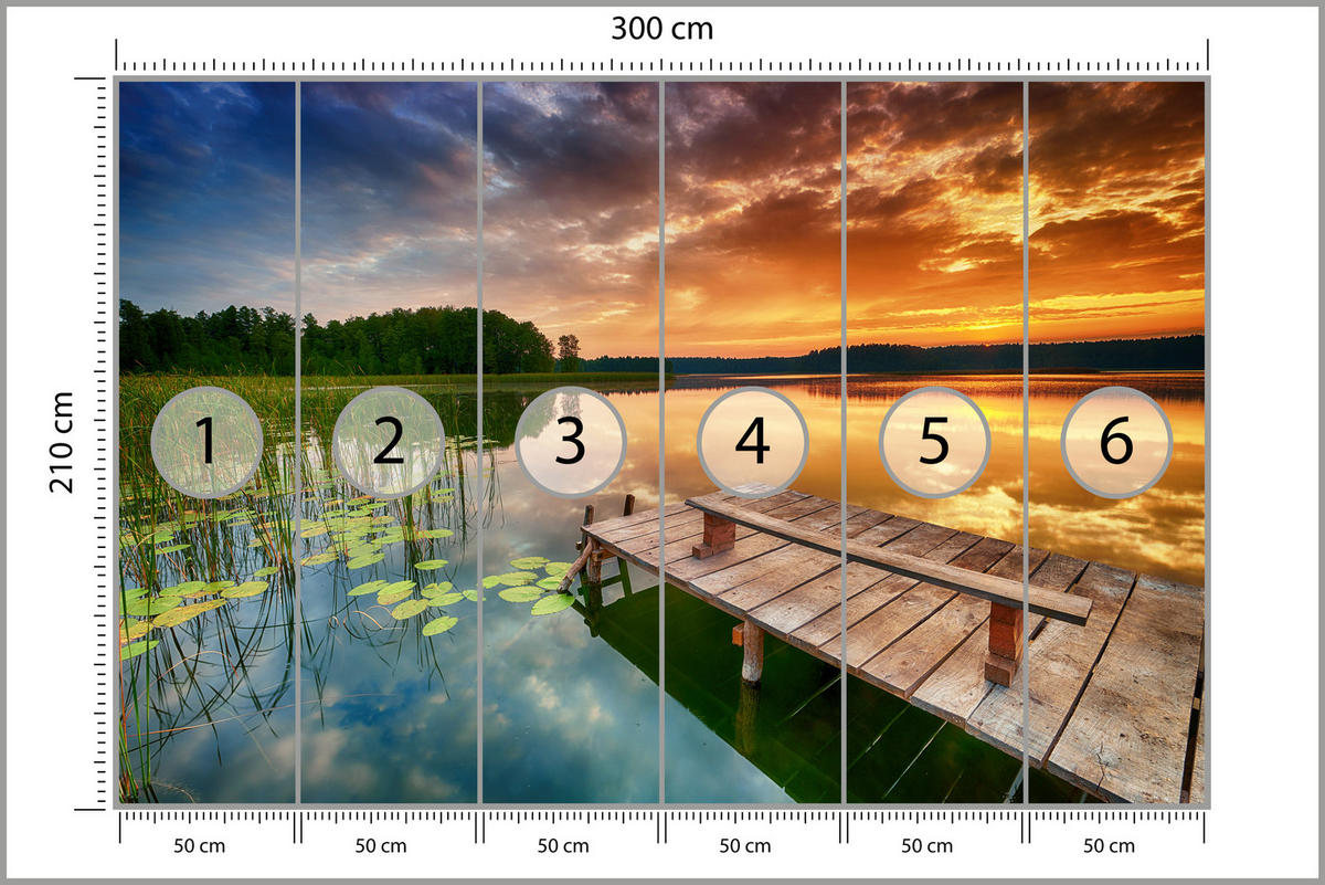 FOTOTAPETE für Wohnzimmer Sonnenuntergang See Steg Bäume 300x210 - Gelb/Beige, Papier (300/210cm) - Muralo