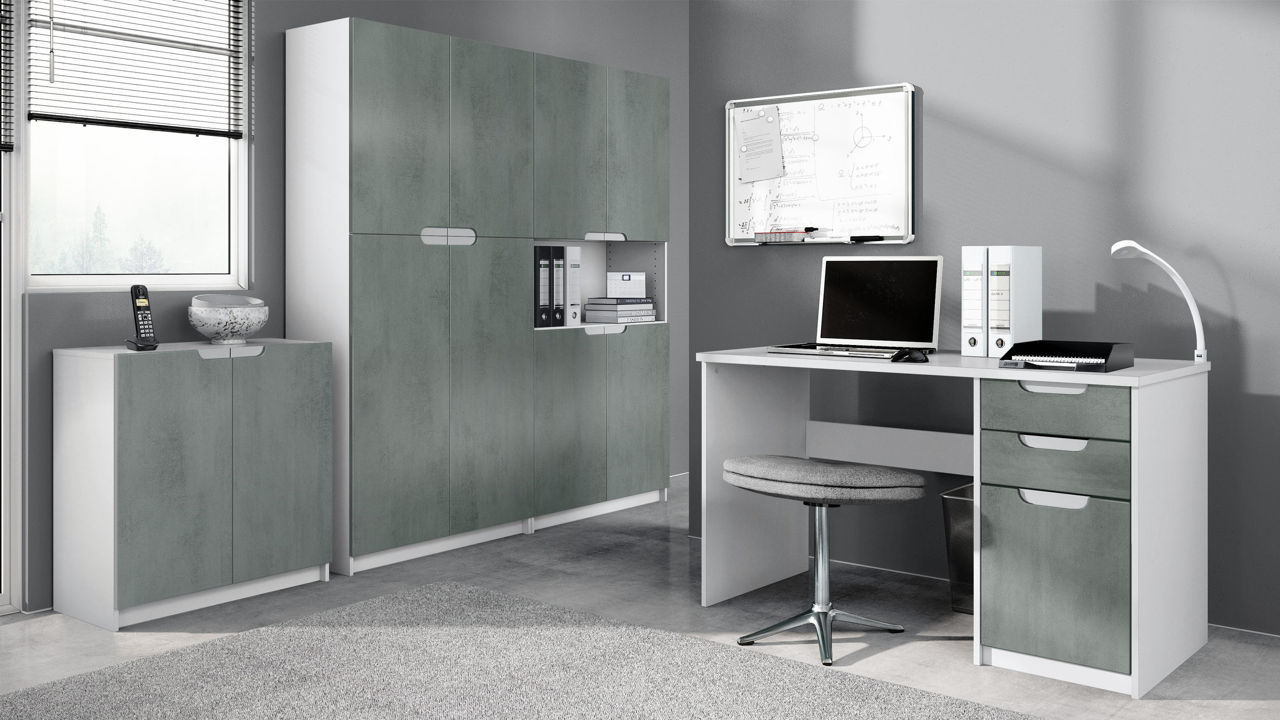 BÜROMÖBELSET Logan Fronten in Beton Dunkel Optik - Dunkelgrau, Holzwerkstoff (246/185/60cm) - Vladon