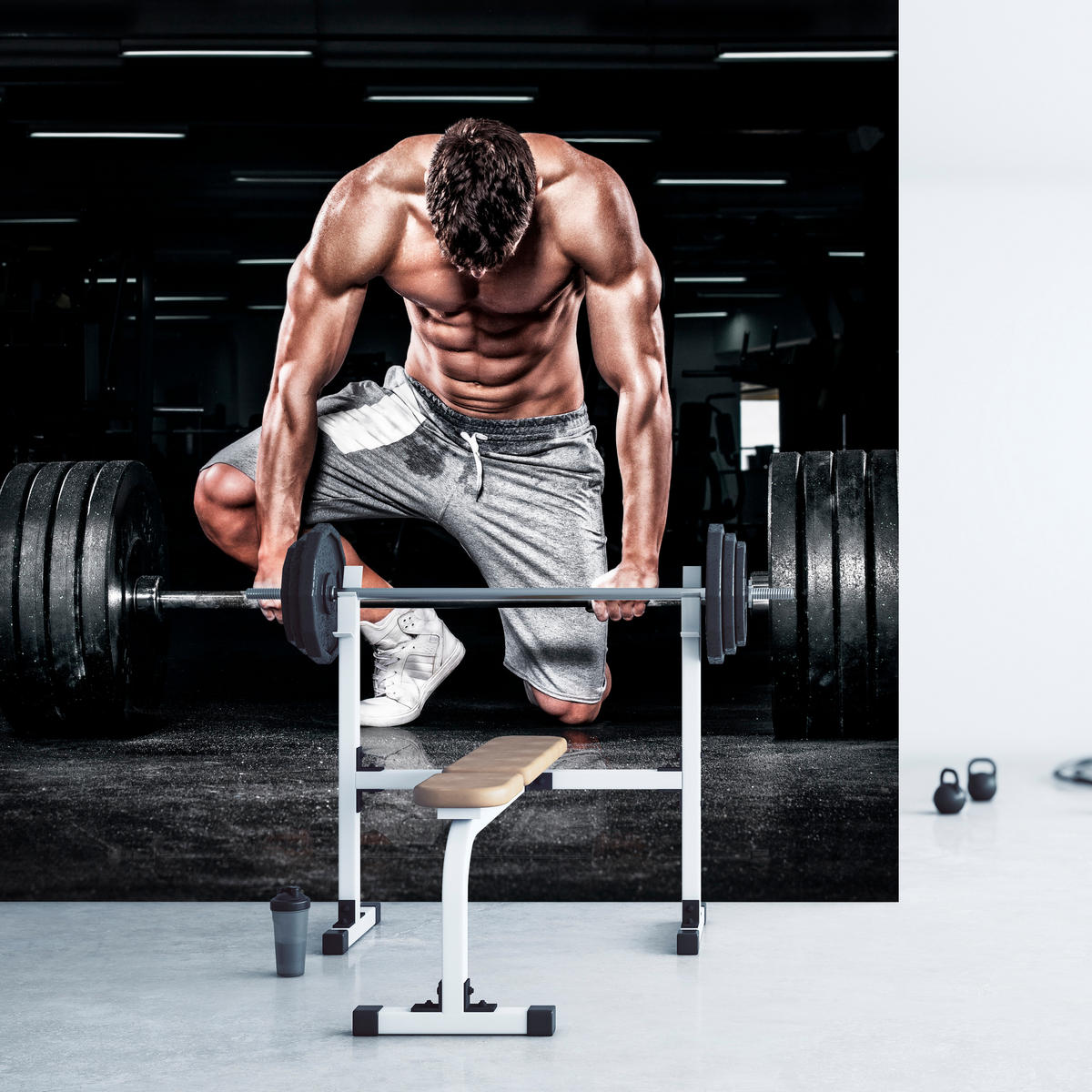 FOTOTAPETE Muskulöser Mann Fitnessstudio Training Sport 250x175 - Beige/Schwarz, Papier (250/175cm) - Muralo