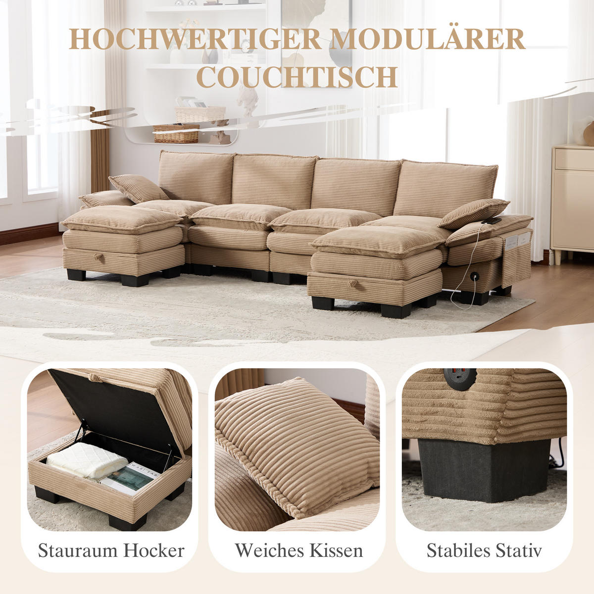 WOHNLANDSCHAFT Cord Khaki mit USB-C, Seitentaschen und 2 Hockern - Hellbraun, Holzwerkstoff/Kunststoff (330/84/132cm) - WISHDOR
