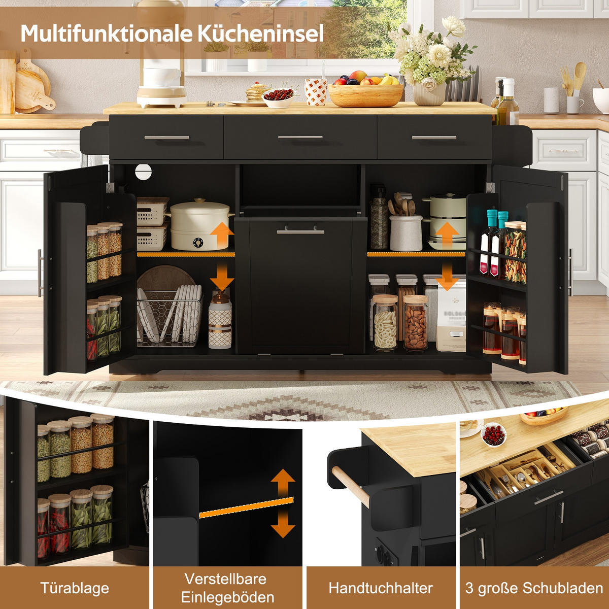 KÜCHENINSEL, KLAPPBARE ARBEITSPLATTE, MDF-Holz, Esszimmer, 136/75/92 cm - Schwarz, Holzwerkstoff (75/92/136cm) - Rolipo