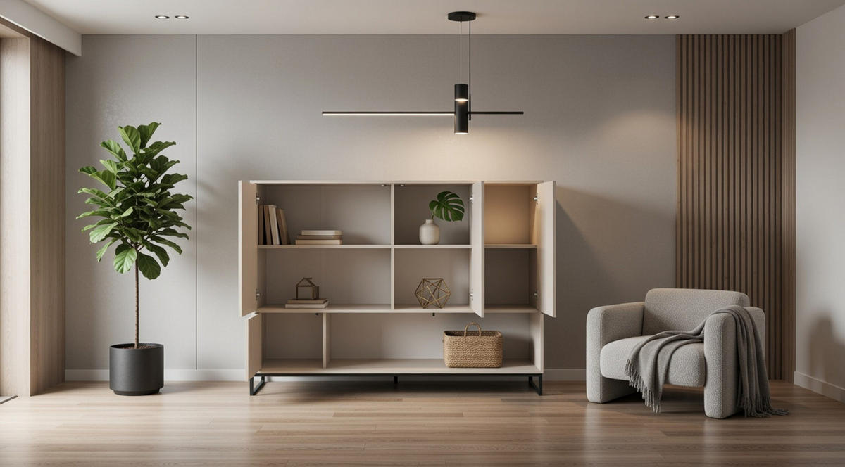 KOMMODE Genua mit 5 Türen, Sideboard in Farbe: Creme, Schrank in Größe: 160 x 120 x 45 cm - Beige, Holzwerkstoff (160/120/45cm) - Agmat-Furniture