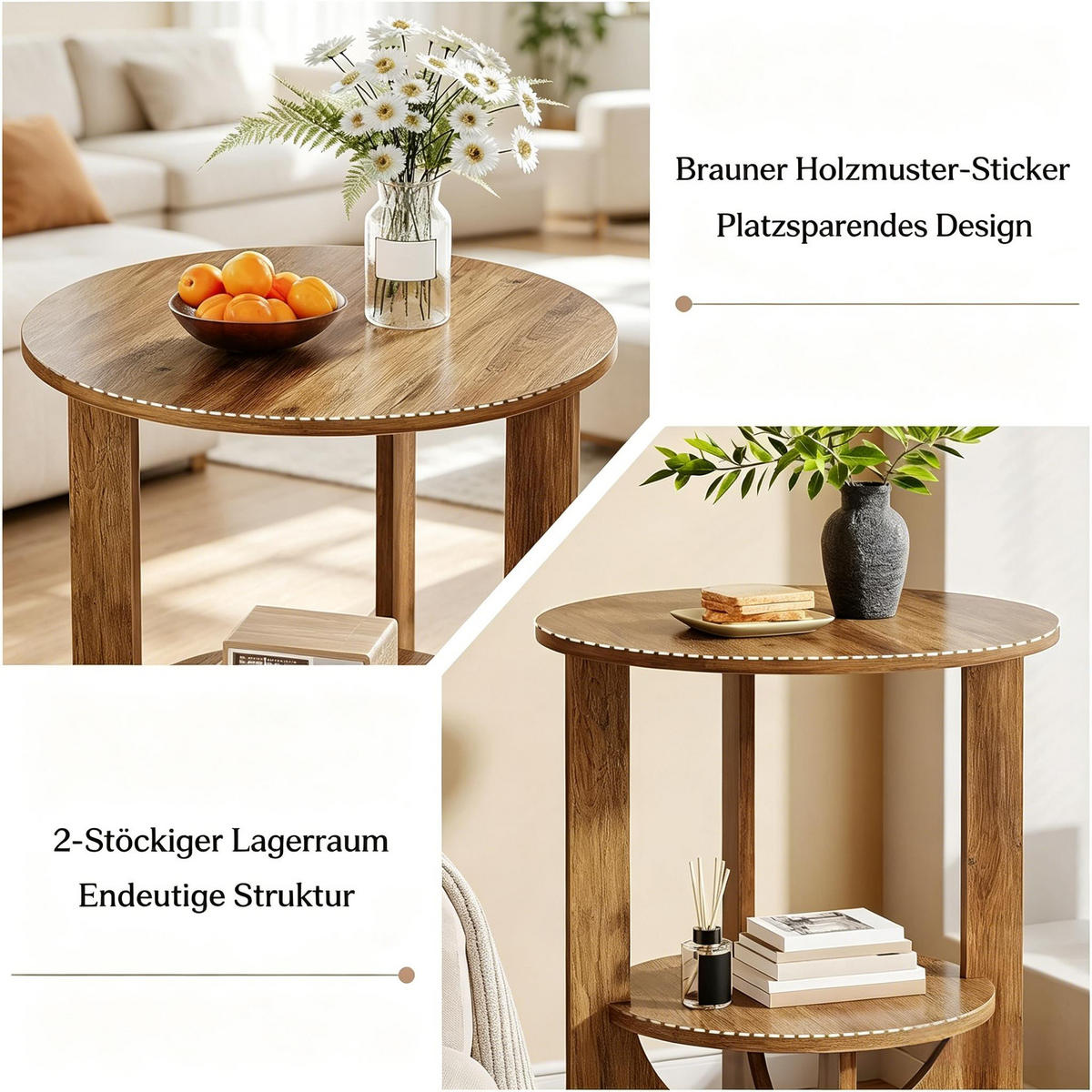 BEISTELLTISCH Rustic Brown rund 2 Ebenen 50/50/65 cm - Wildeiche, Holzwerkstoff (50/50/65cm) - PANGIVO