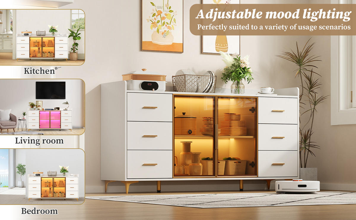 SIDEBOARD mit 6 Schubladen und Doppeltür mit Rauchglas, fernbedienbare LED, MDF, 160/44/87 cm, Weiß und Gold - Weiß, Holzwerkstoff (160/87/44cm) - Redom