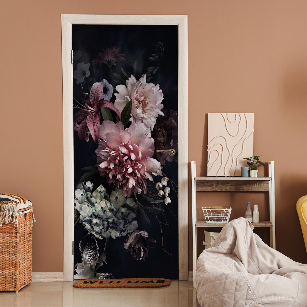 FOTOTAPETE Tür - Blumen - Vintage - Pastell - Rosa - Weiß 95x215 cm - Altrosa, Kunststoff (95/0.1cm) - MuchoWow