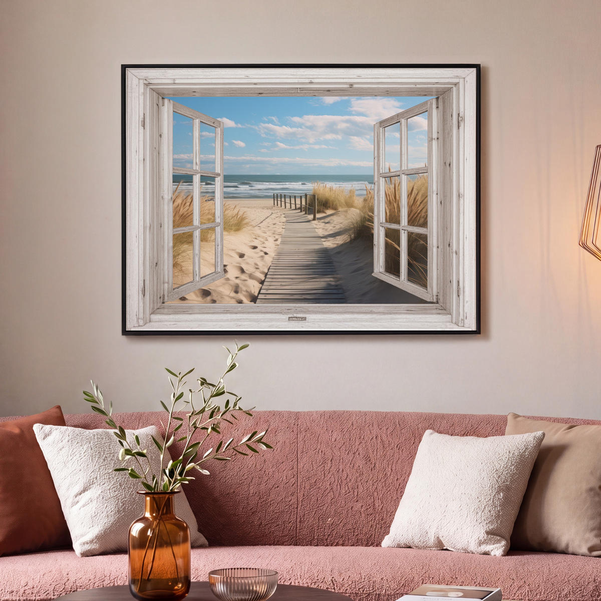 LEINWAND Bilder mit Rahmen - Fenster - Meer - Küste - Natur - Ausblick - Strand - Wattenmeer - 100x70 - Beige, Textil (100/70cm) - MuchoWow
