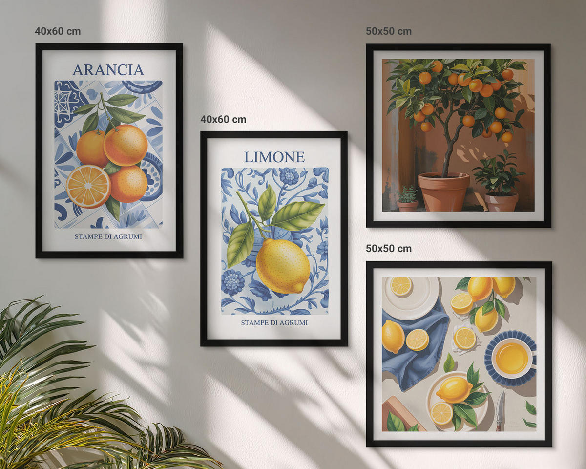 BILDER SET 4er Set - 50x50 cm & 40x60 cm Schwarzer Rahmen - Illustrationen von Zitrusfrüchten - Schwarz, Kunststoff (50/50cm) - TULUP