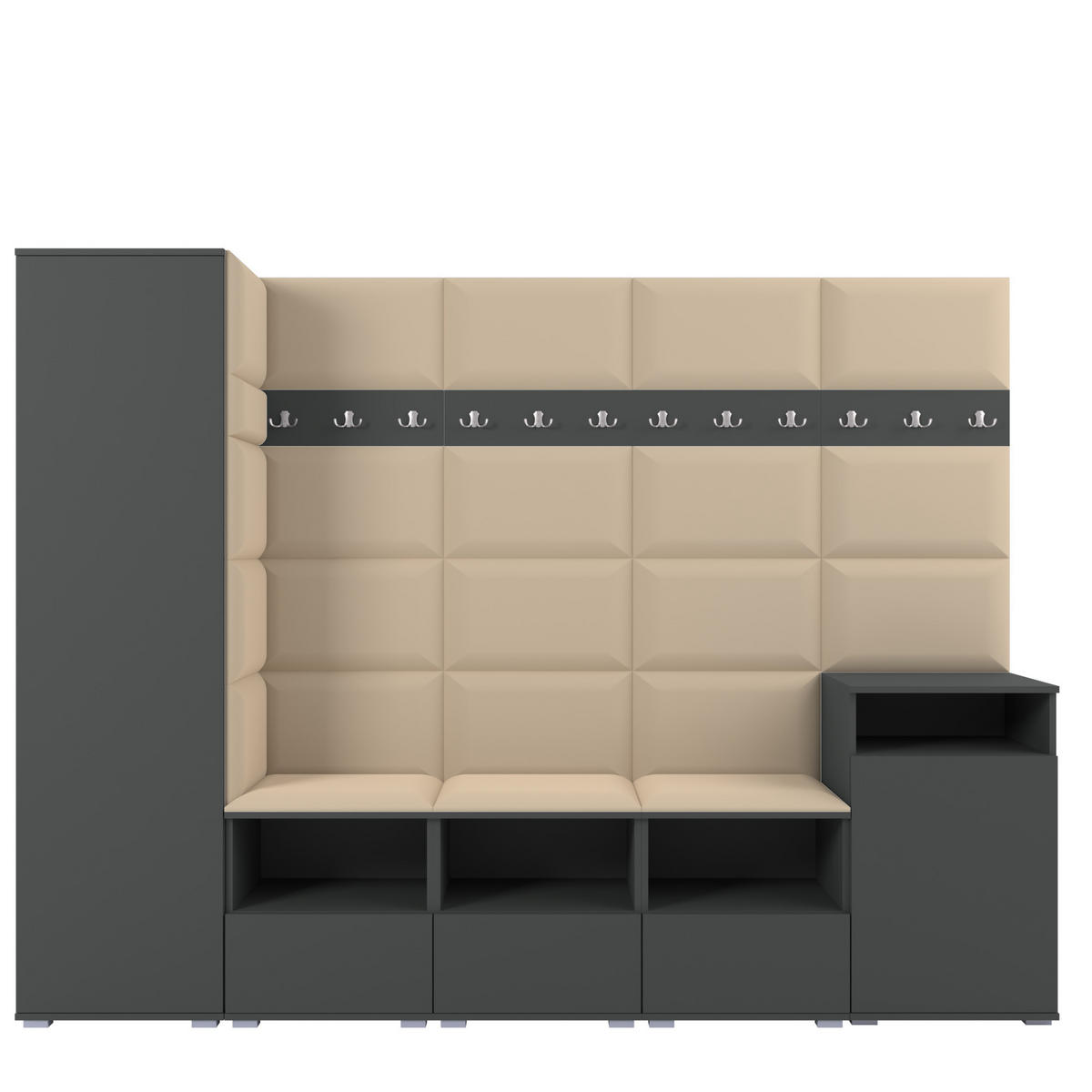 GARDEROBE NELA XI 250 cm (Modulare Flurmöbel Graphit mit Sitzpolster Beige 04 Großes Set) - Beige/Silberfarben, Holz/Holzwerkstoff (250/187/40cm) - Ravio