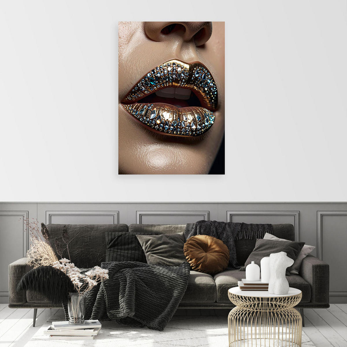 WANDBILD, Lippen die mit buntem Glitzer im glamourösen Stil bedeckt sind - Beige, Textil (80/120cm) - Feeby