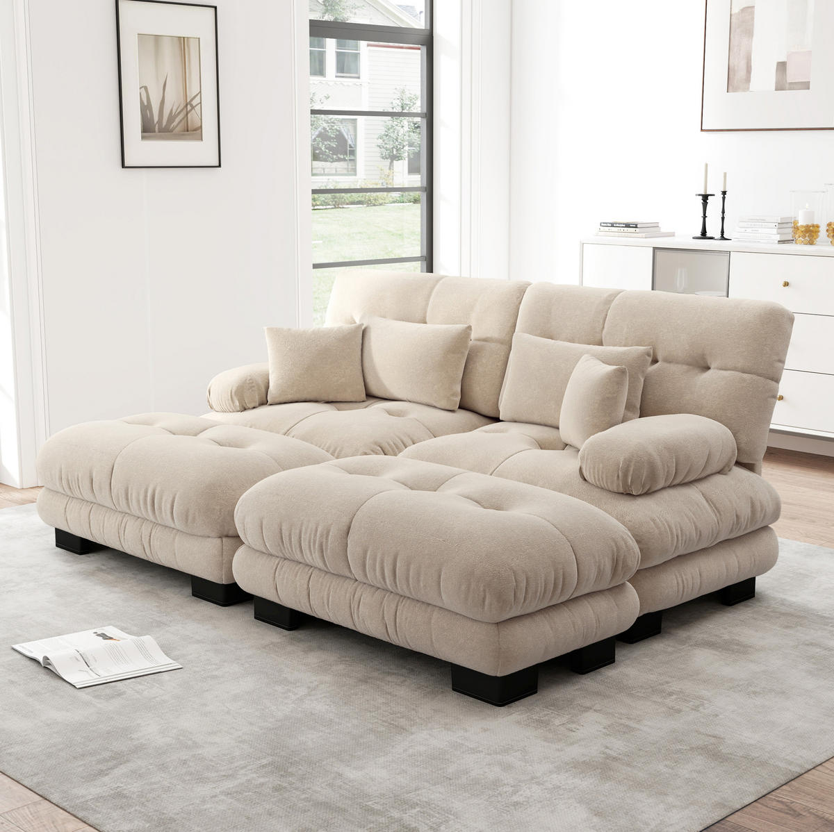 ECKSOFA modular mit 2 Ottomane, 2 Lendenkissen und 2 Dekokissen, Chenille, Hellkaffee - Cappuccino, Textil (220/145cm) - Redom