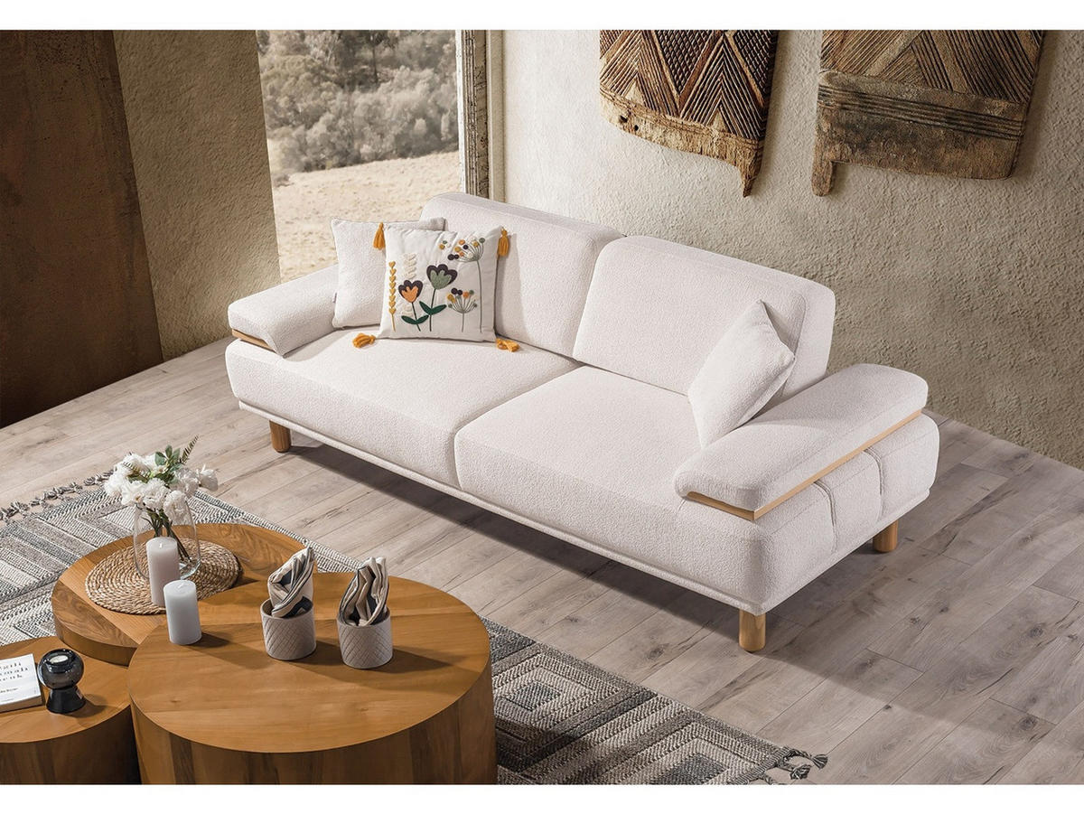 SOFA Bodrum Wood 3-Sitzer Teddy Creme - Creme, Holz/Textil (235/83/97cm) - Villa Möbel