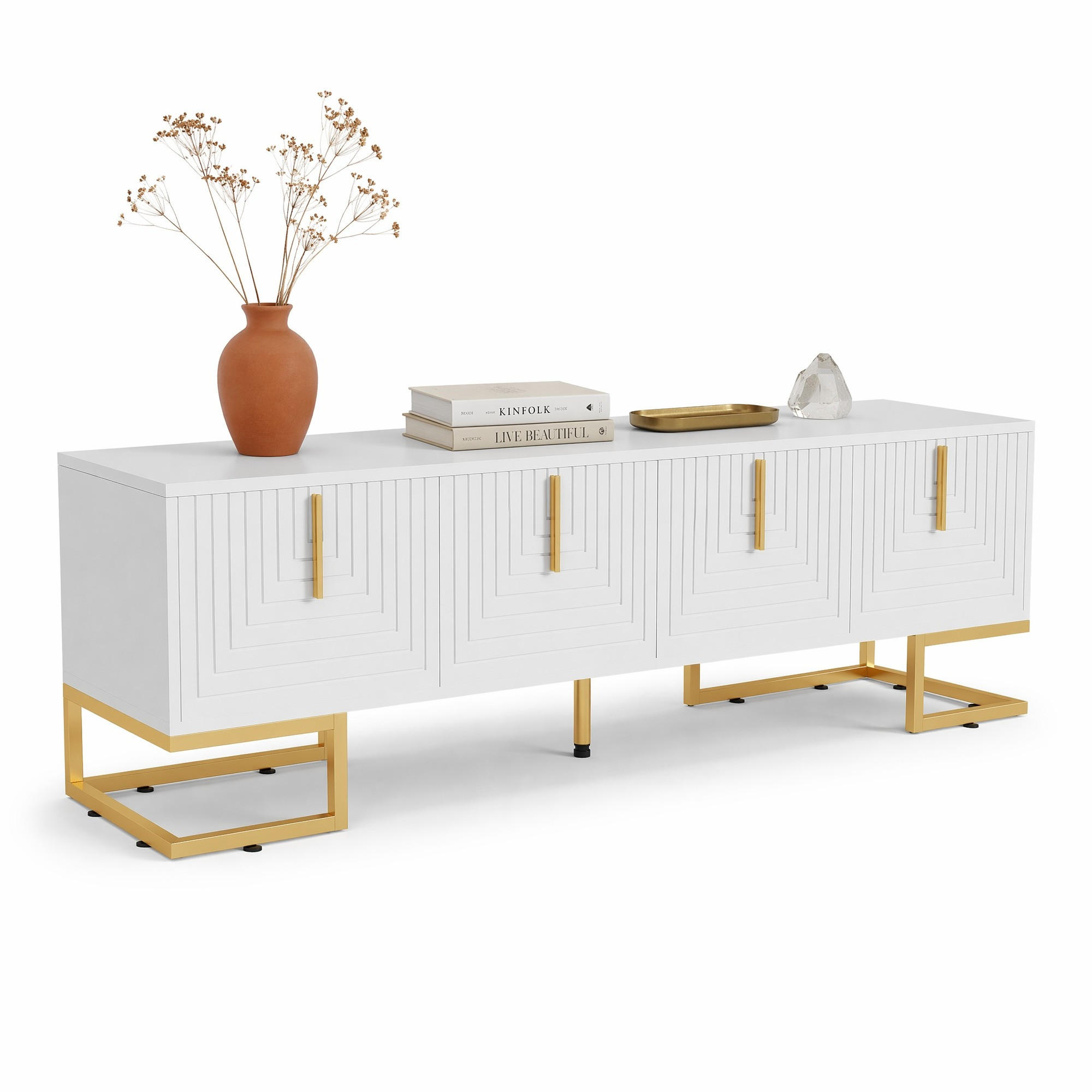 LOWBOARD in Weiß und Gold TV-Schrank mit strukturierter Tür für Wohnzimmer, B170/T40/H45.5 cm - Goldfarben/Weiß, Holzwerkstoff/Metall (170/45.5/40cm) - STILVORA