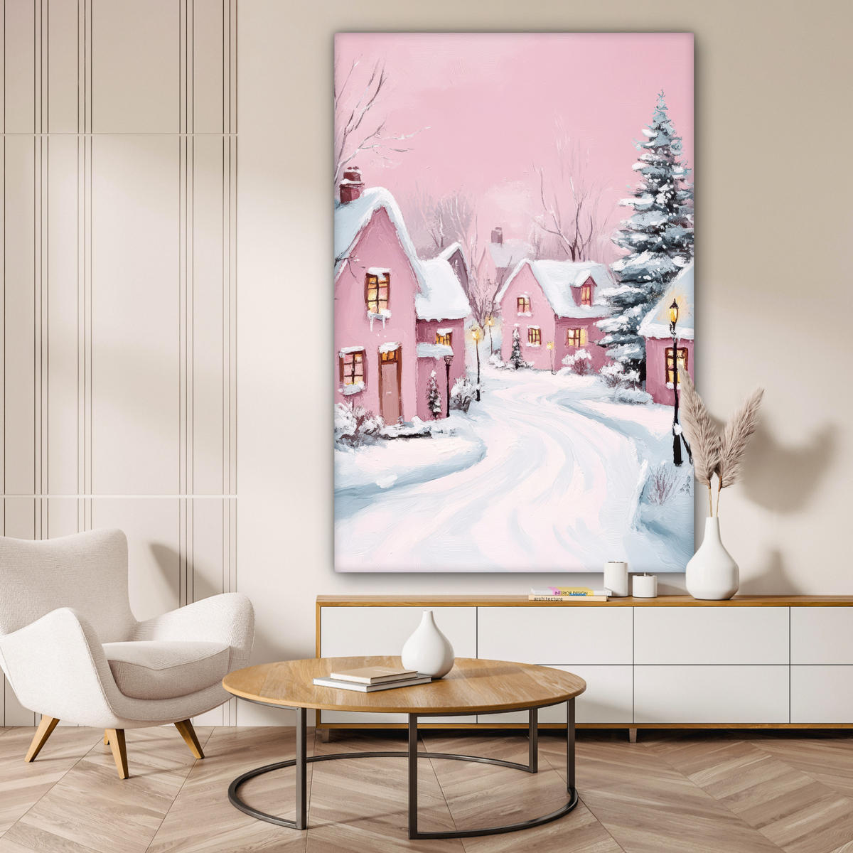 SLIKA NA PLATNU Božična vas 90x140 cm - starinsko roza, tekstil (90/140cm) - MuchoWow