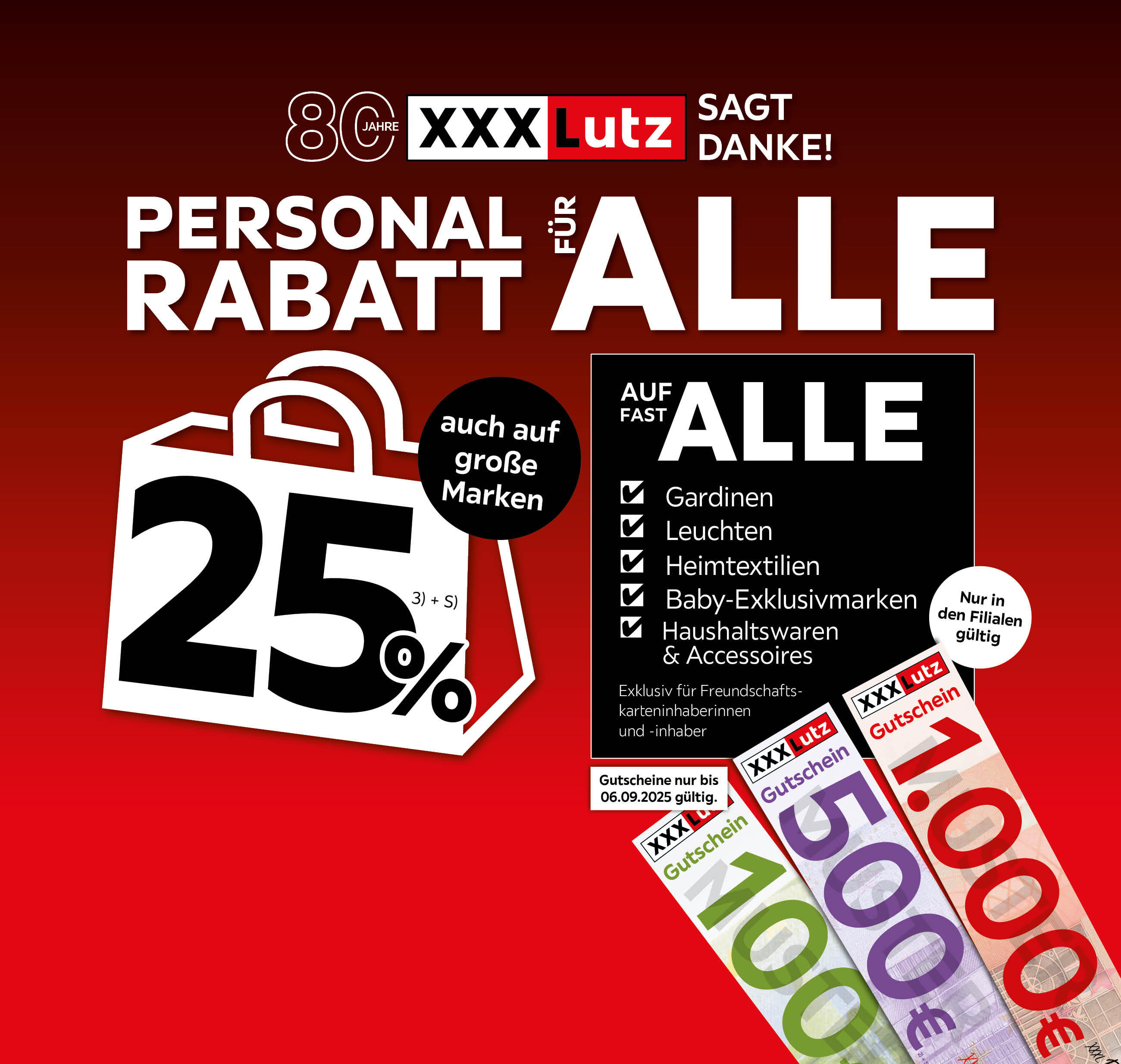 Personalrabatt für alle - 25% auch auf gr0ße Marken und auf fast alle Gardinen, Leuchten, Heimtextilien, Baby-Exklusivmarken, Haushaltswaren und Accessoires- exklusiv für Freundschaftskarteninhaberinnen und -inhaber