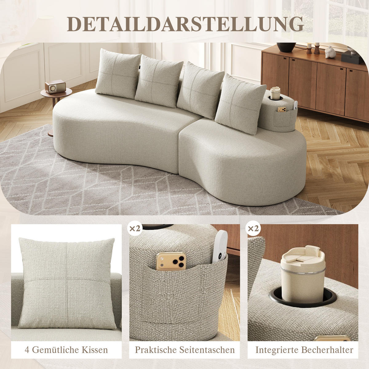 3-SITZER SOFA leinenstoff farbwahl mit getränkehalter & seitentaschen - Beige, Textil (240/63/109cm) - Urban Meuble