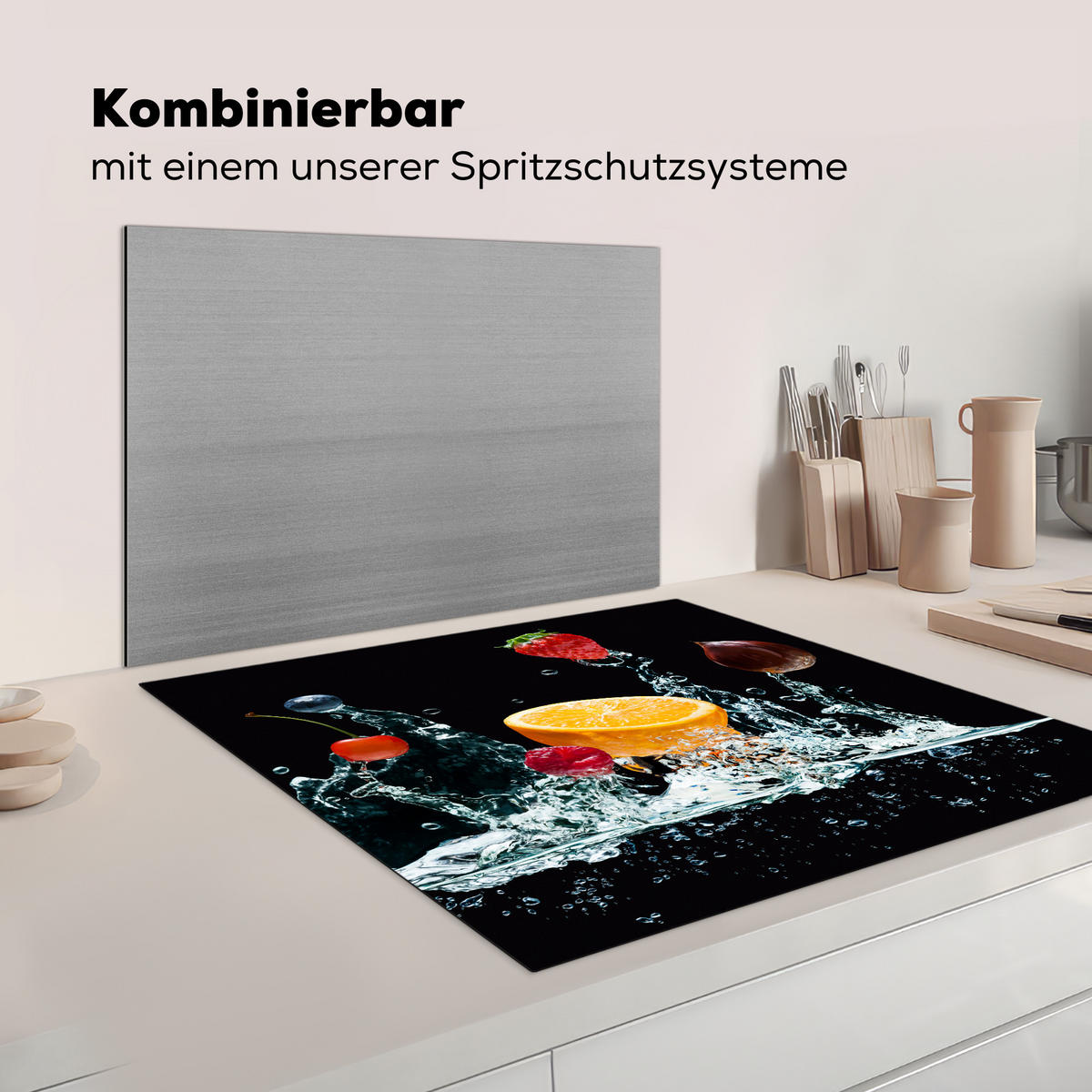 KRYT NA INDUKČNÍ DESKU Voda - Ovoce - Pomeranč - Jahoda - Třešeň - Černá 78x78 cm - pomerančová, plast (78/78/0.2cm) - MuchoWow