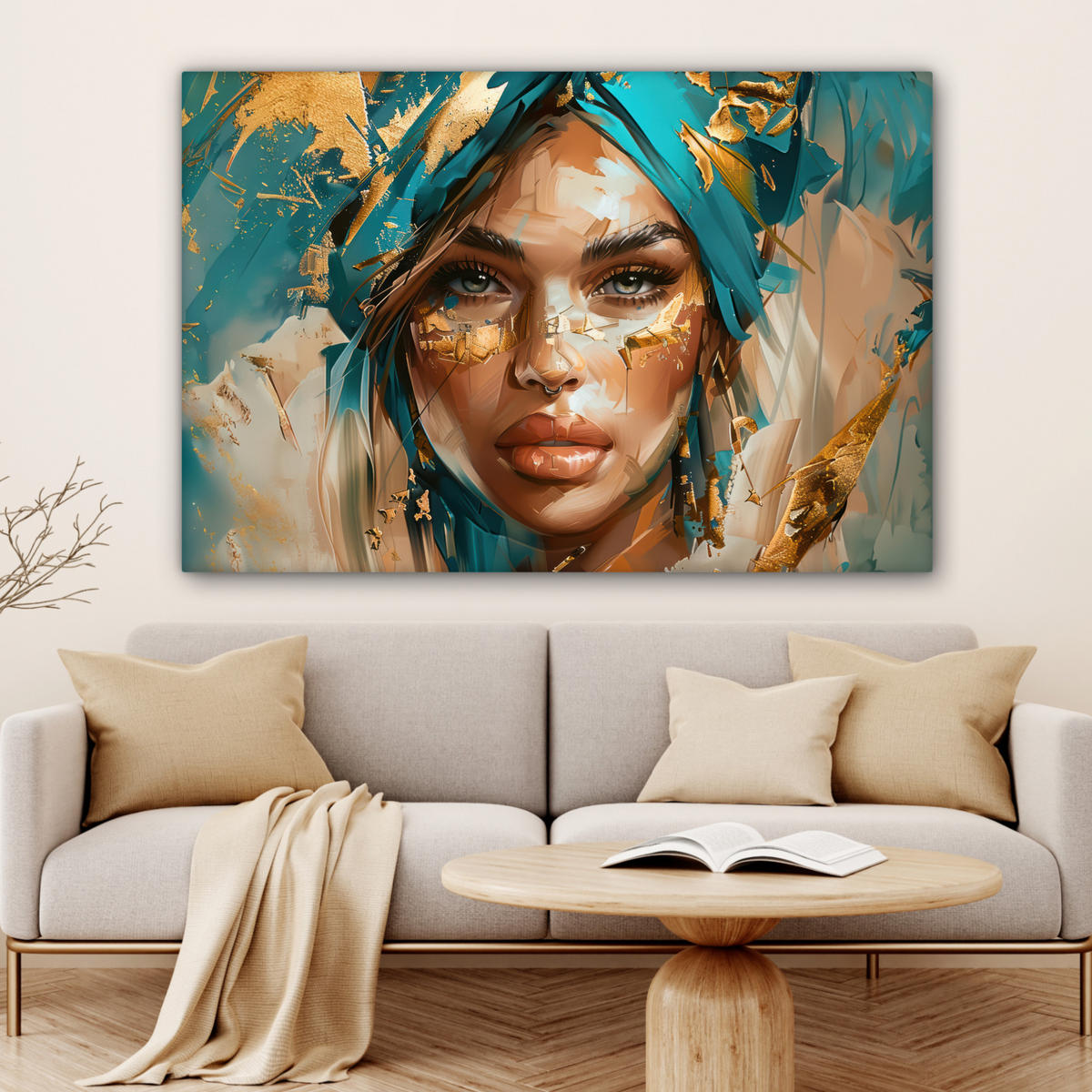 OBRAZ NA PLÁTNE Žena - Portrét - Zlato - Luxus - Modrá 140x90 cm - tyrkysová, textil (140/90cm) - MuchoWow