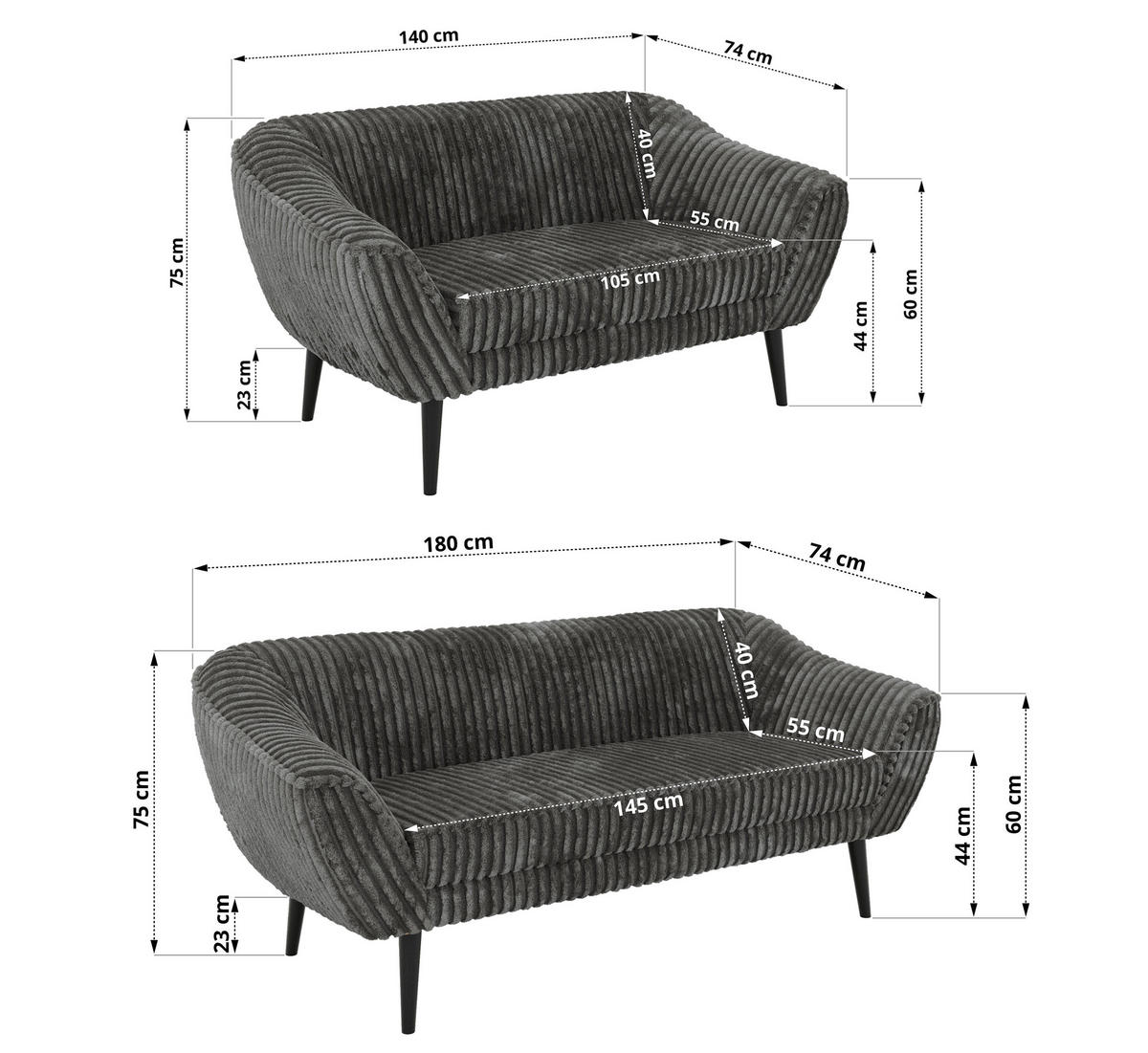 SEDACÍ SOUPRAVA 3+2 PIRS - Šedá Manšestr - Černé nohy - šedá/černá, kompozitní dřevo/textil (180/75/74cm) - MKS