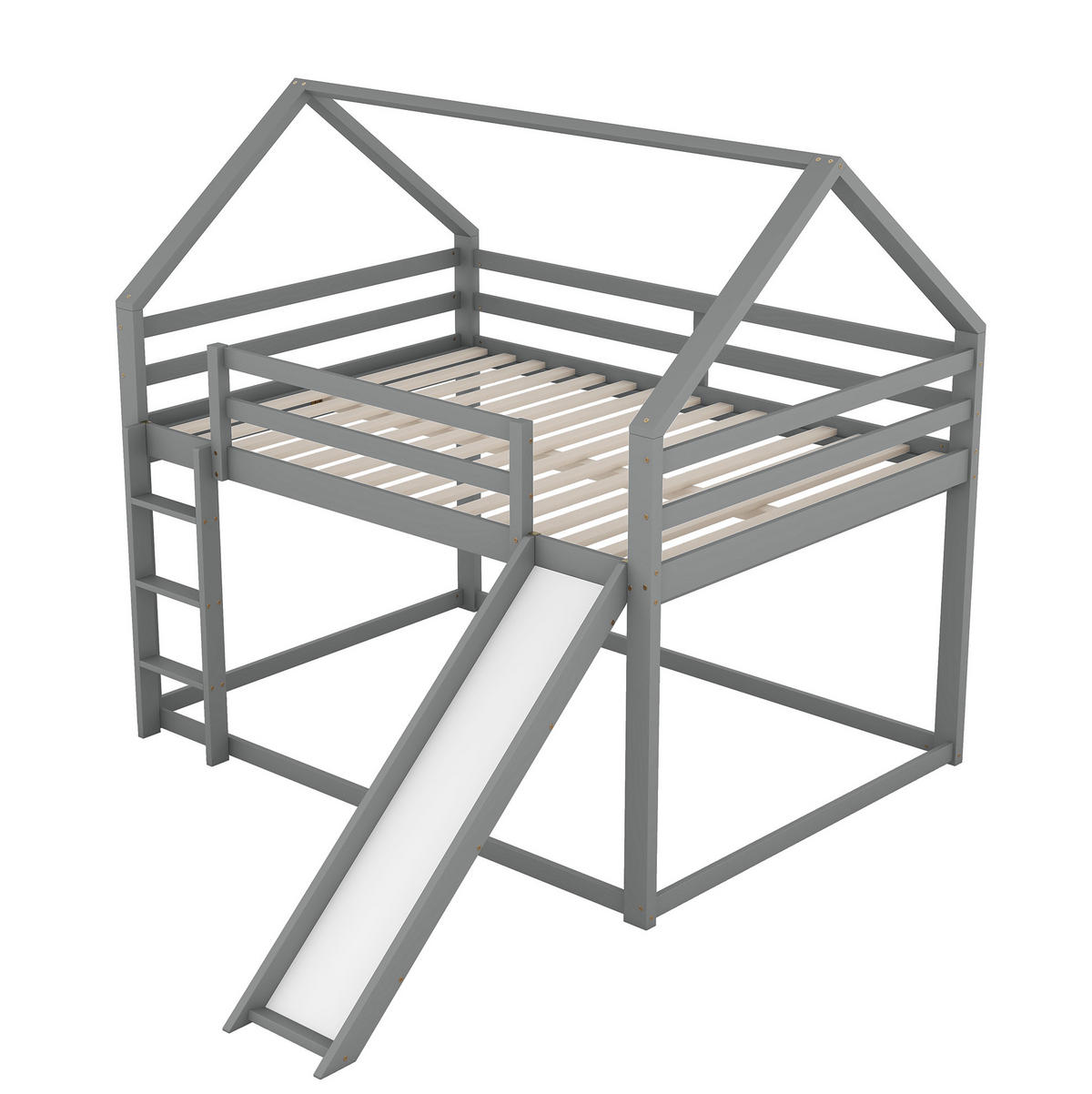 ETAGENBETT 140/200 cm mit Rutsche, Leiter und Hausdesign aus Kiefer , Grau - Grau, Holzwerkstoff (140/200cm) - Redom