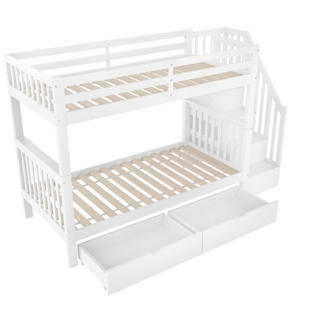 ETAGENBETT 90/200 cm weiß mit Treppenregal und zwei Schubladen - Weiß, Holz (90/200cm) - OKWISH