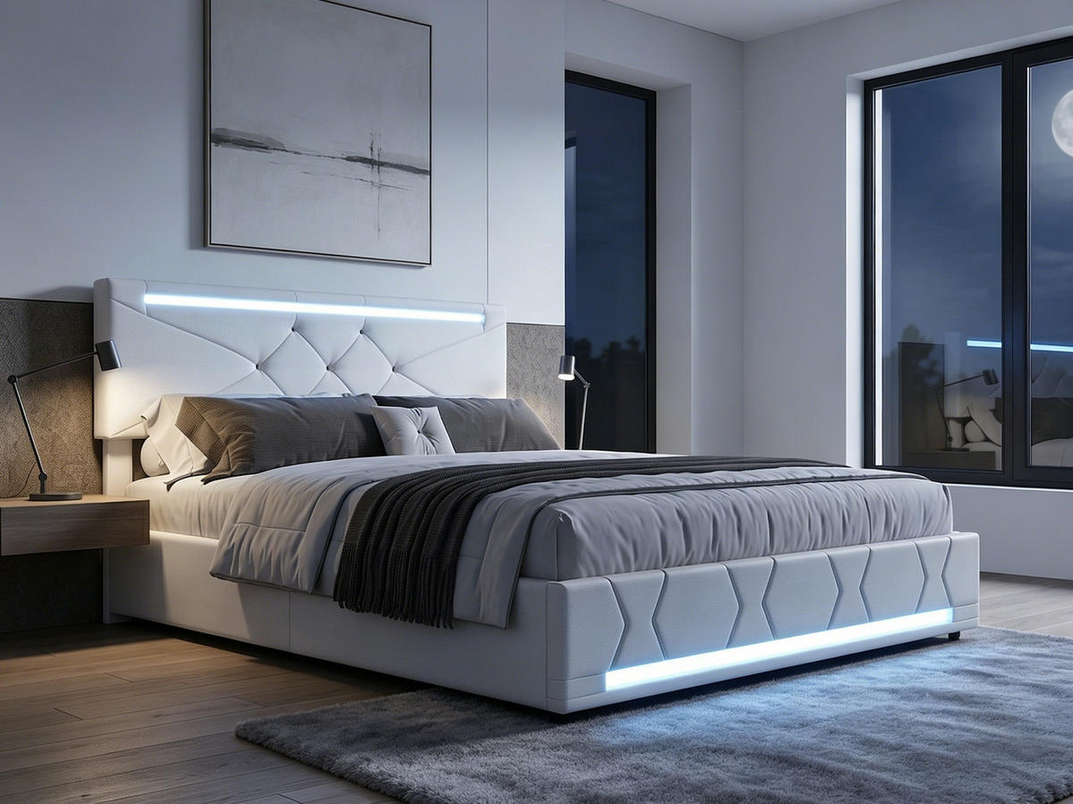 POLSTERBETT,JUGENDBETT 140/200 cm mit LED-Beleuchtung, USB und Höhenverstellbarem Kopfteil - Weiß, Holz/Metall (160/200cm) - FURNISHINGS HOME