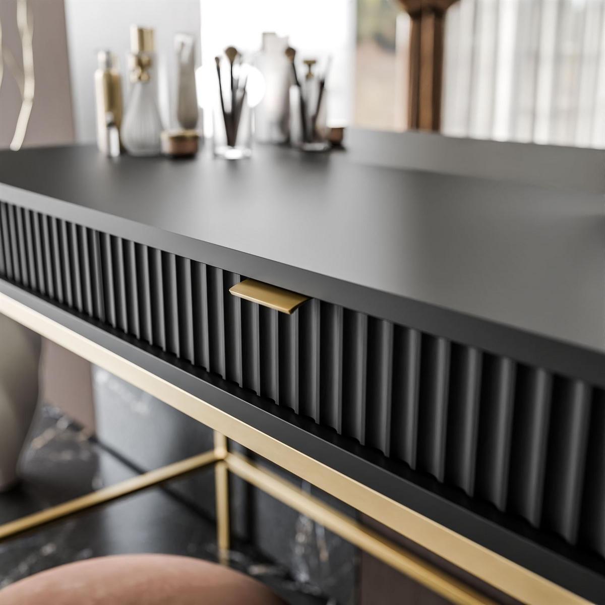 SCHMINKTISCH MIT SPIEGEL CORTADO ELITE GOLD SCHWARZ - Schwarz, Holzwerkstoff (104/78/50cm) - Lookway