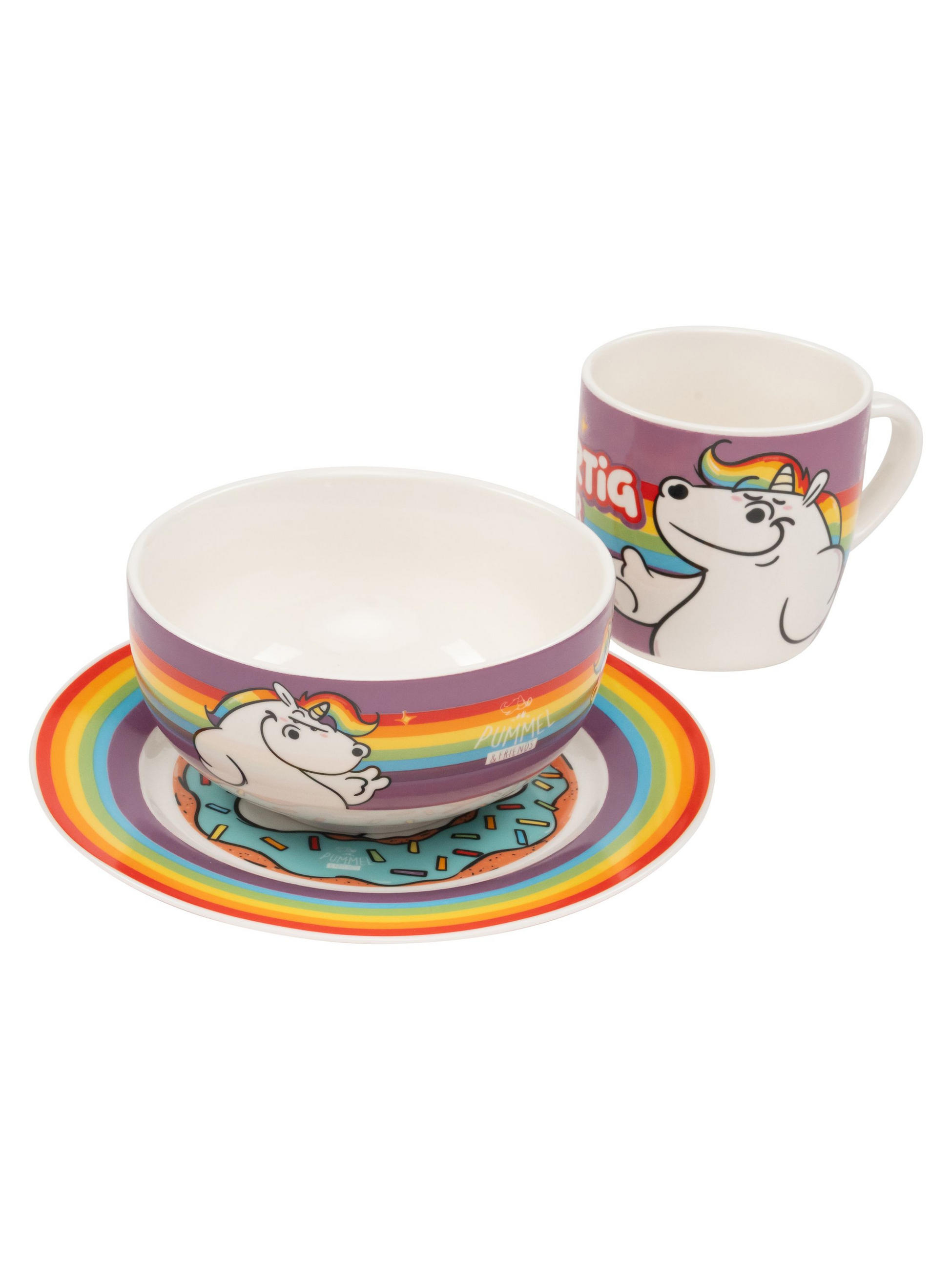 FRÜHSTÜCKSSET Pummel & Friends Pummeleinhorn Rainbow Mehrfarbig 3-teilig - Multicolor, Keramik (23.8/11.2/23.3cm) - United Labels