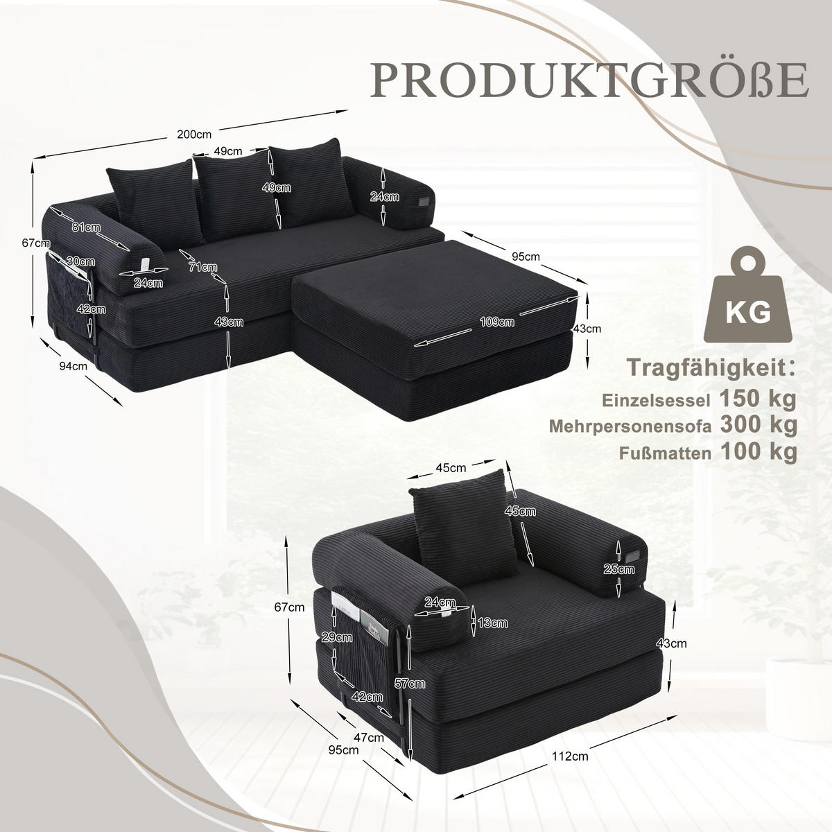 SITZGARNITUR DE-33801 modular mit Hocker Schwarz - Schwarz, Metall (200/67/190cm) - ComfortXL