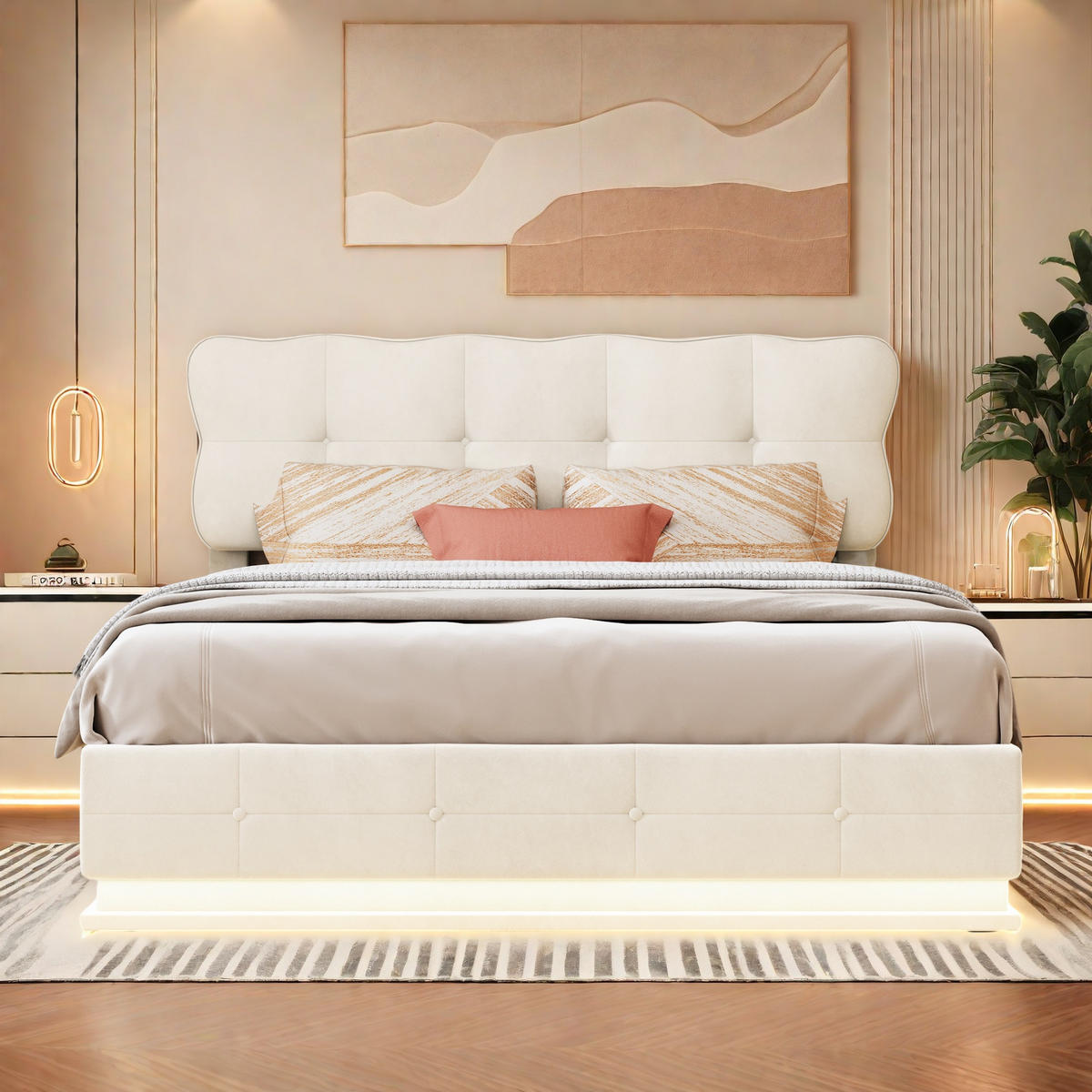POLSTERBETT 140/200 cm Beige mit Bettkasten und LED-Beleuchtung - Beige, Holz (140/200cm) - SHOPENTRA