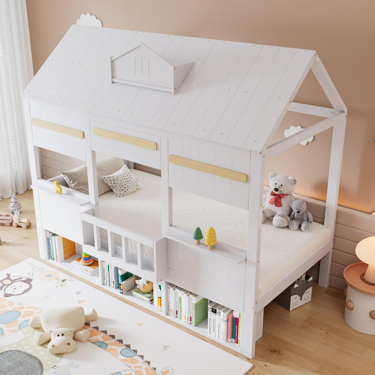 HAUSBETT 90x200 cm mit einer Reihe Bücherregal in Weiß - Weiß, Holz (90/200cm) - KOMHTOM