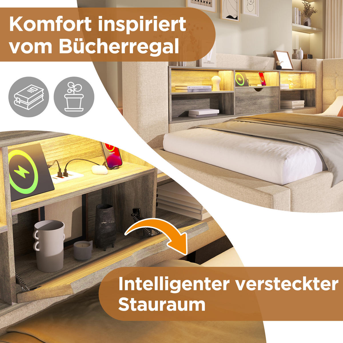 POLSTERBETT 140/190 cm Beige aus Leinen mit Stauraum Hydraulik und LED-Beleuchtung - Beige, Textil (140/190cm) - OKWISH