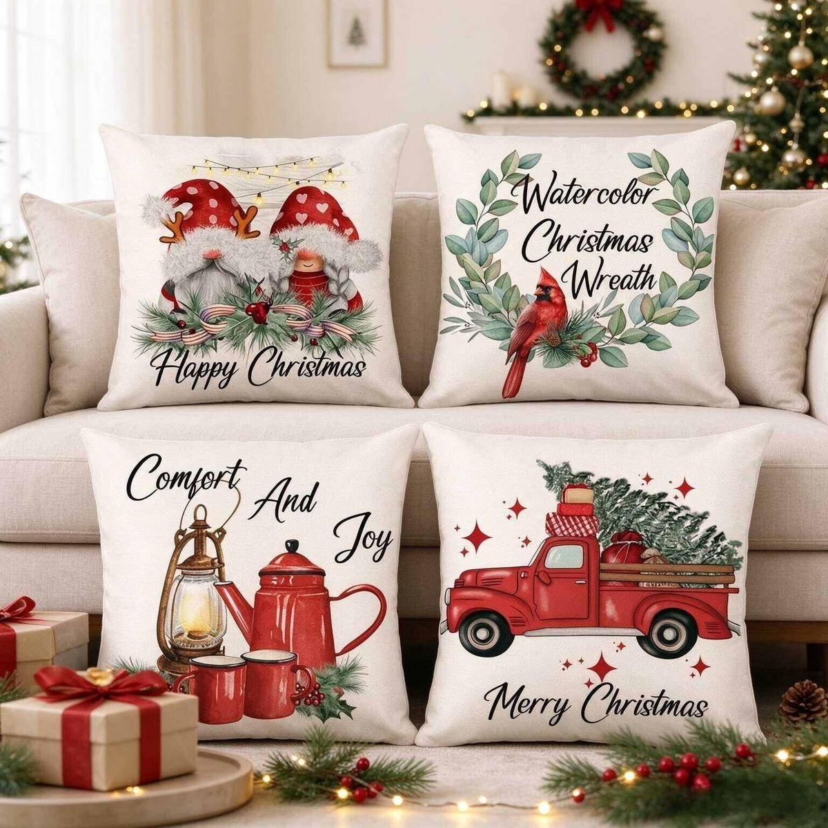 KISSENBEZUG – Weihnachtskissenbezug (Kissenfüllung nicht enthalten) – 45 x 45 cm – Multicolor(vier Stück) - Multicolor, Textil (45/45cm)