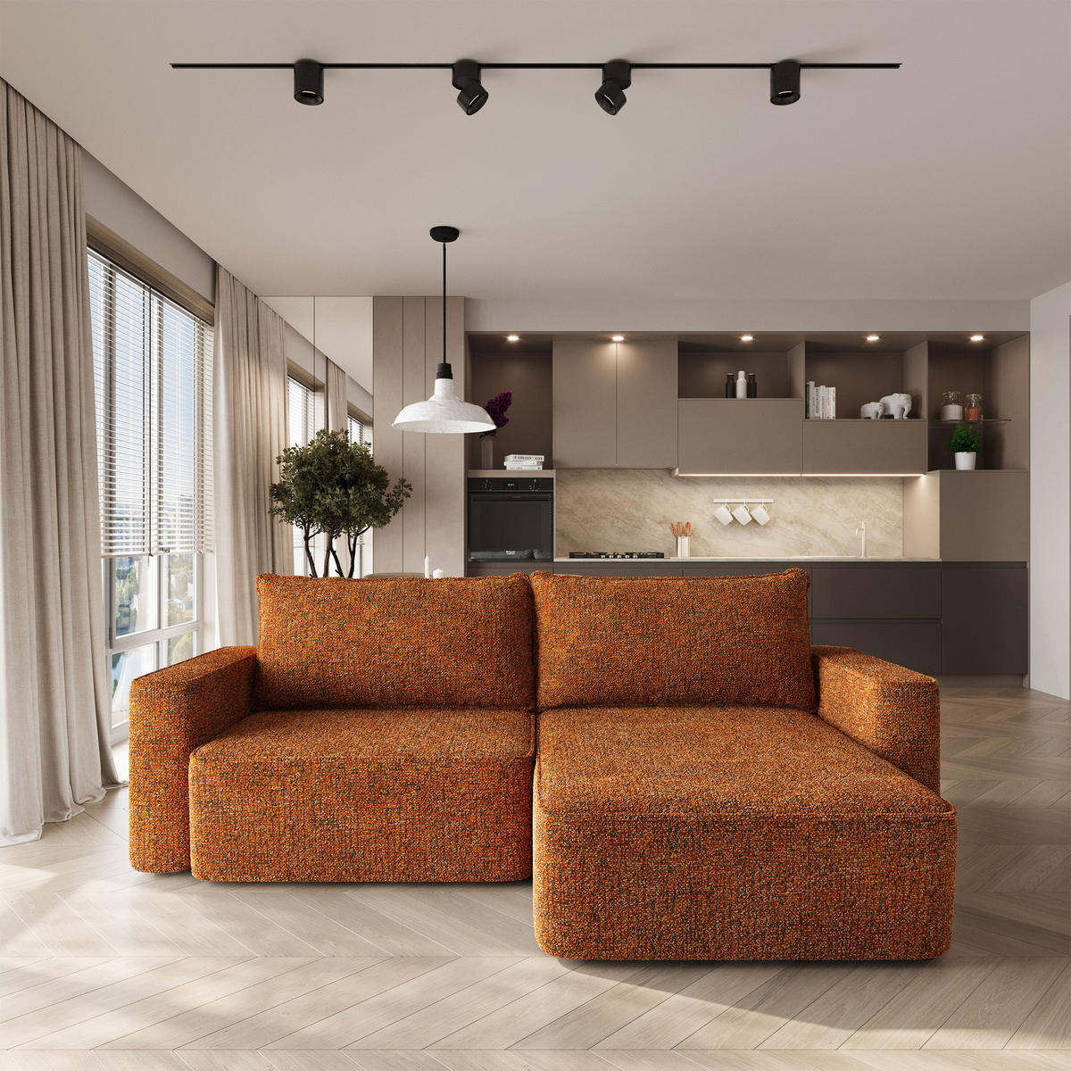 ROHOVÁ Sedačka BELISE BELLA 40, Cihlová - šedá/terakotová, dřevo/textil (252/162cm) - MASSENO