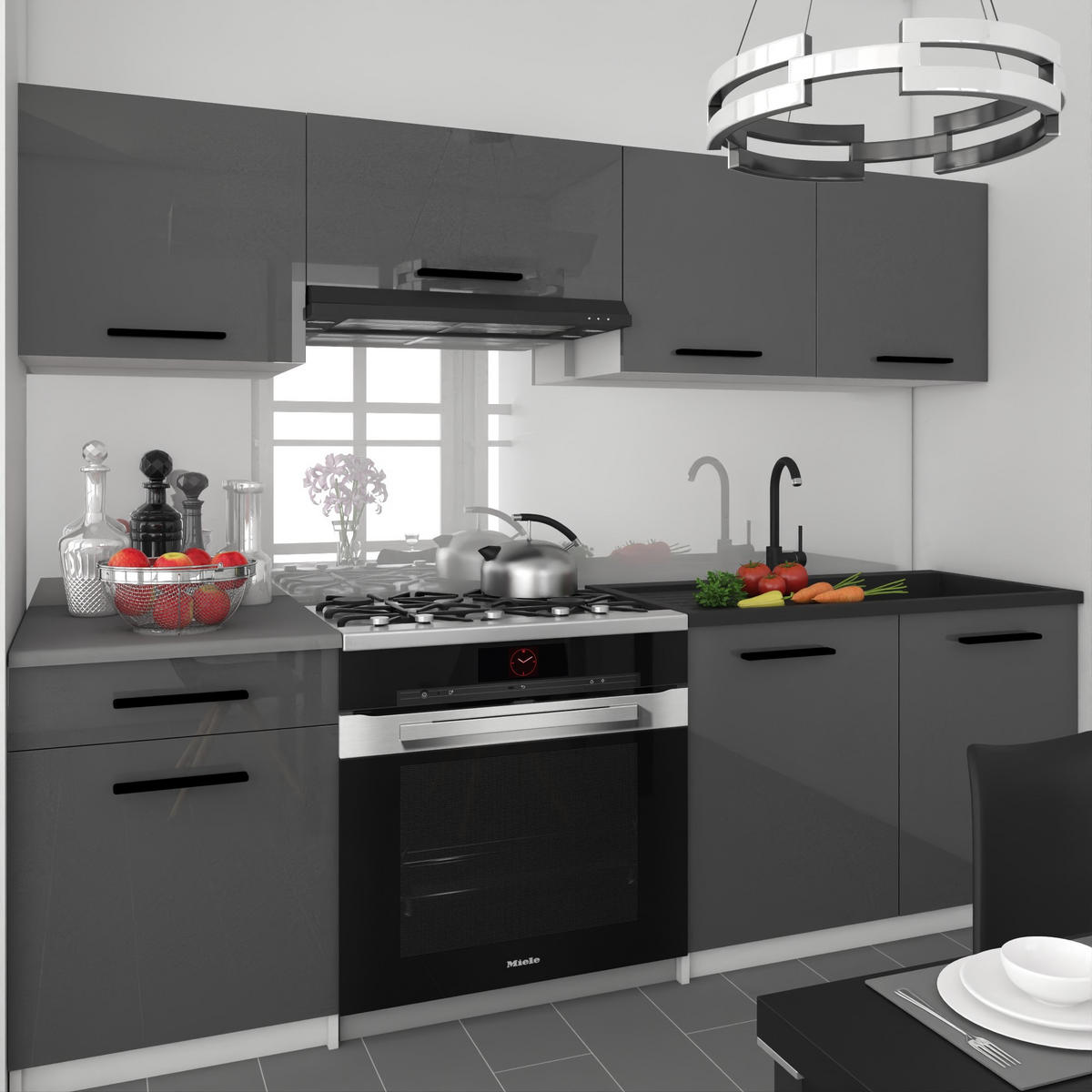 KÜCHENZEILE Italia 1 180 cm, mit Arbeitsplatten, Grau Hochglanz - Grau, Holz (180/143/60cm) - B BELINI GROUP