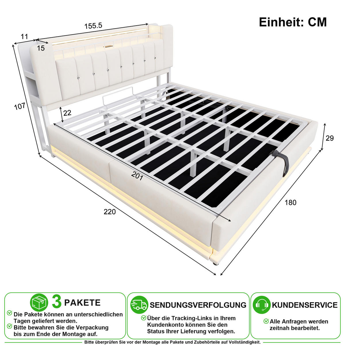 POLSTERBETT 180/200 cm in Beige Samt mit LED, USB und Bettkasten - Beige, Holzwerkstoff/Textil (180/200cm) - CHICFURN