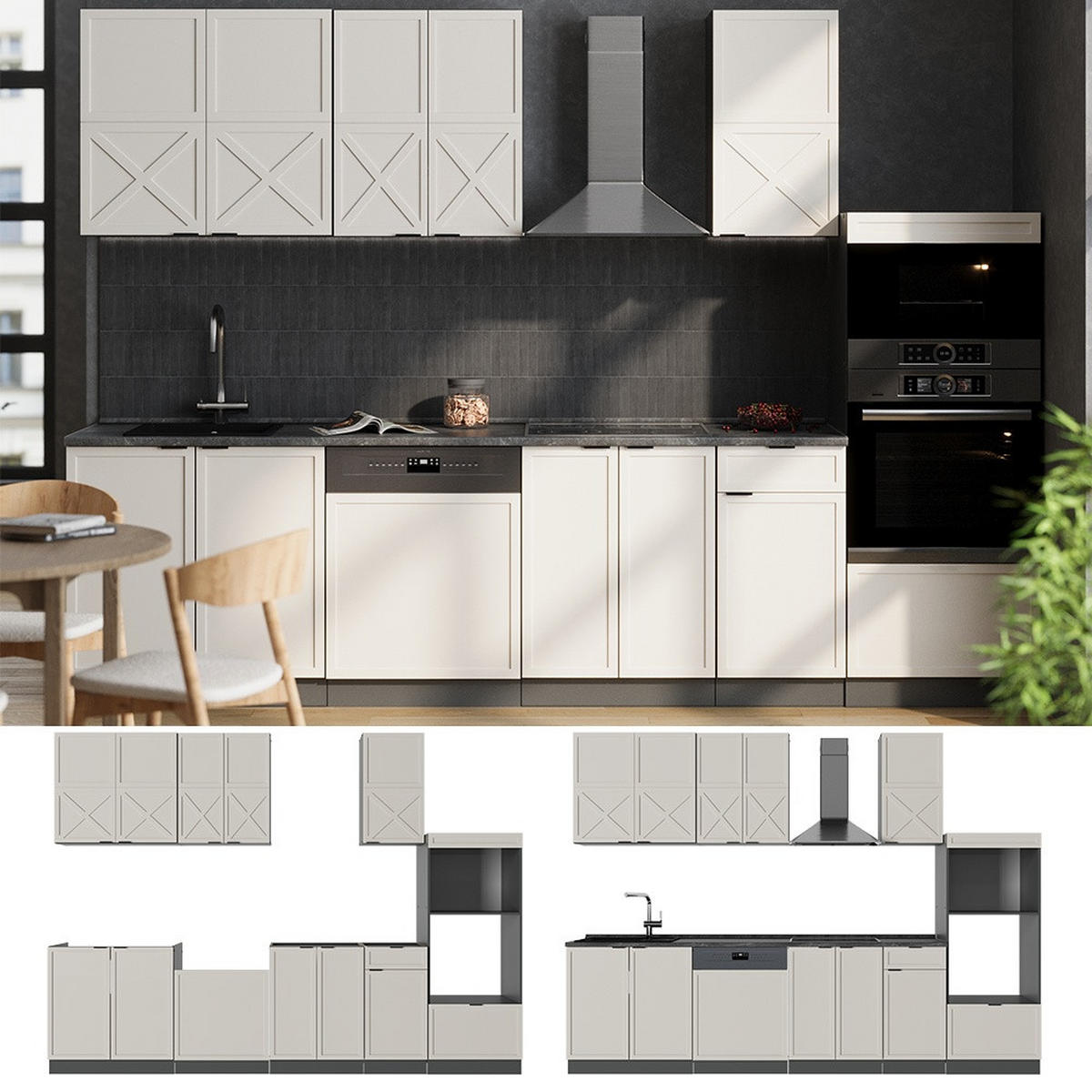KUHINJSKI BLOK Fame-Line Siva/bežna/antracitna 300 cm z visoko omaro, brez delovne plošče - siva/antracit, leseni material (300/153.6/46cm) - Vicco