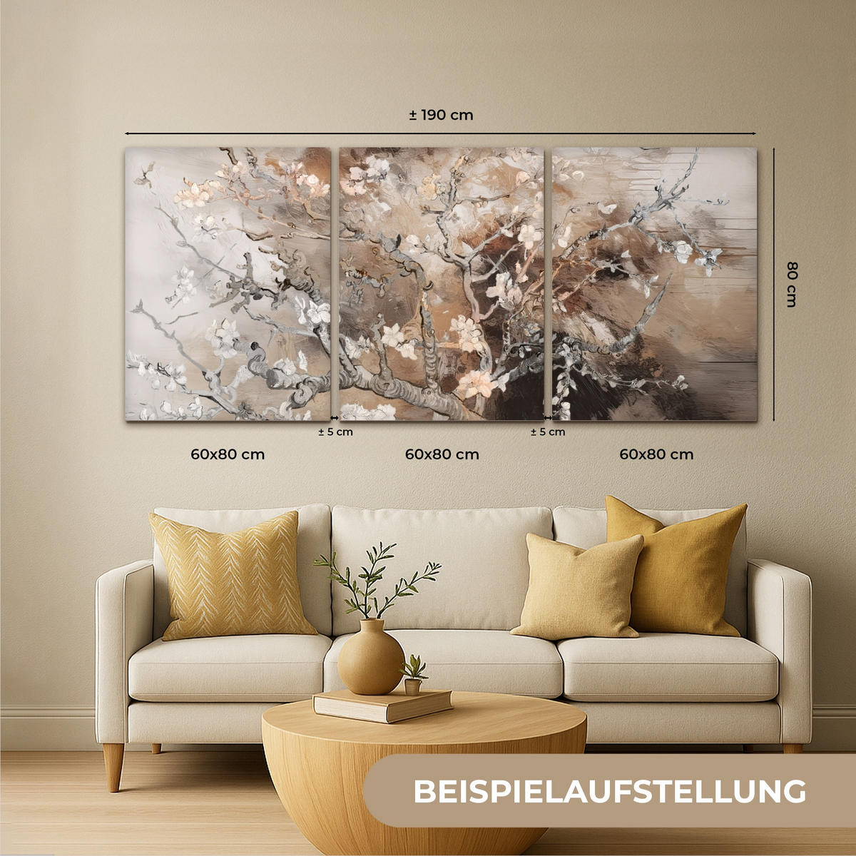 LEINWANDBILD 3er Set Mandelblüte - Abstrakt - Beige 180x80 cm - Beige, Textil (180/80cm) - MuchoWow
