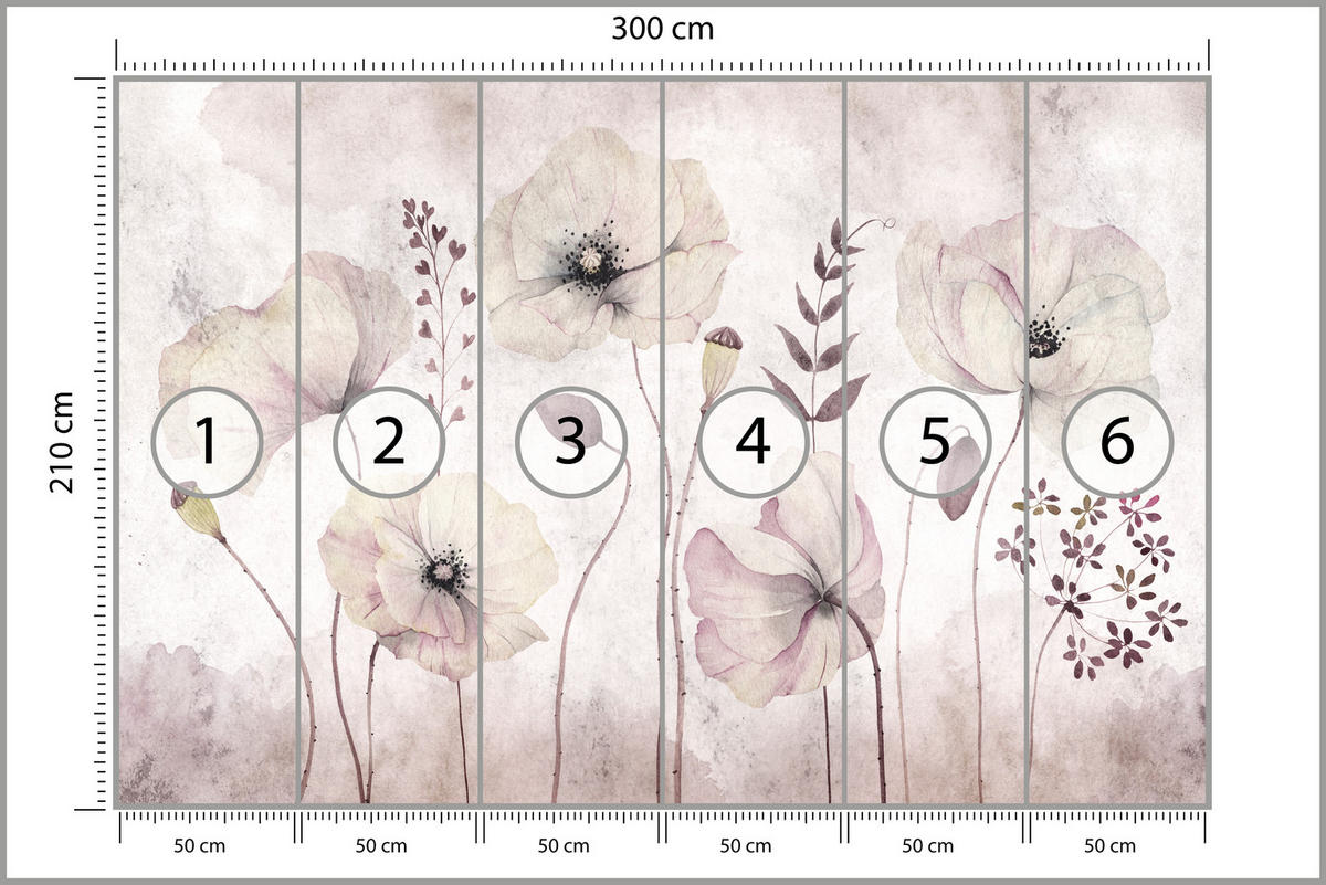 FOTOTAPETE für Schlafzimmer Zarte Mohnblumen Wiese Blumen 300x210 - Violett, Papier (300/210cm) - Muralo