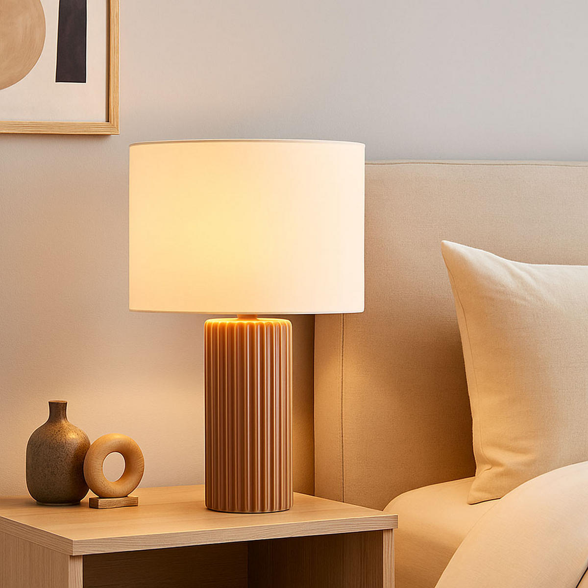 TISCHLEUCHTE Keramik Mokka Beige - Braun, Textil (28/28/51cm)