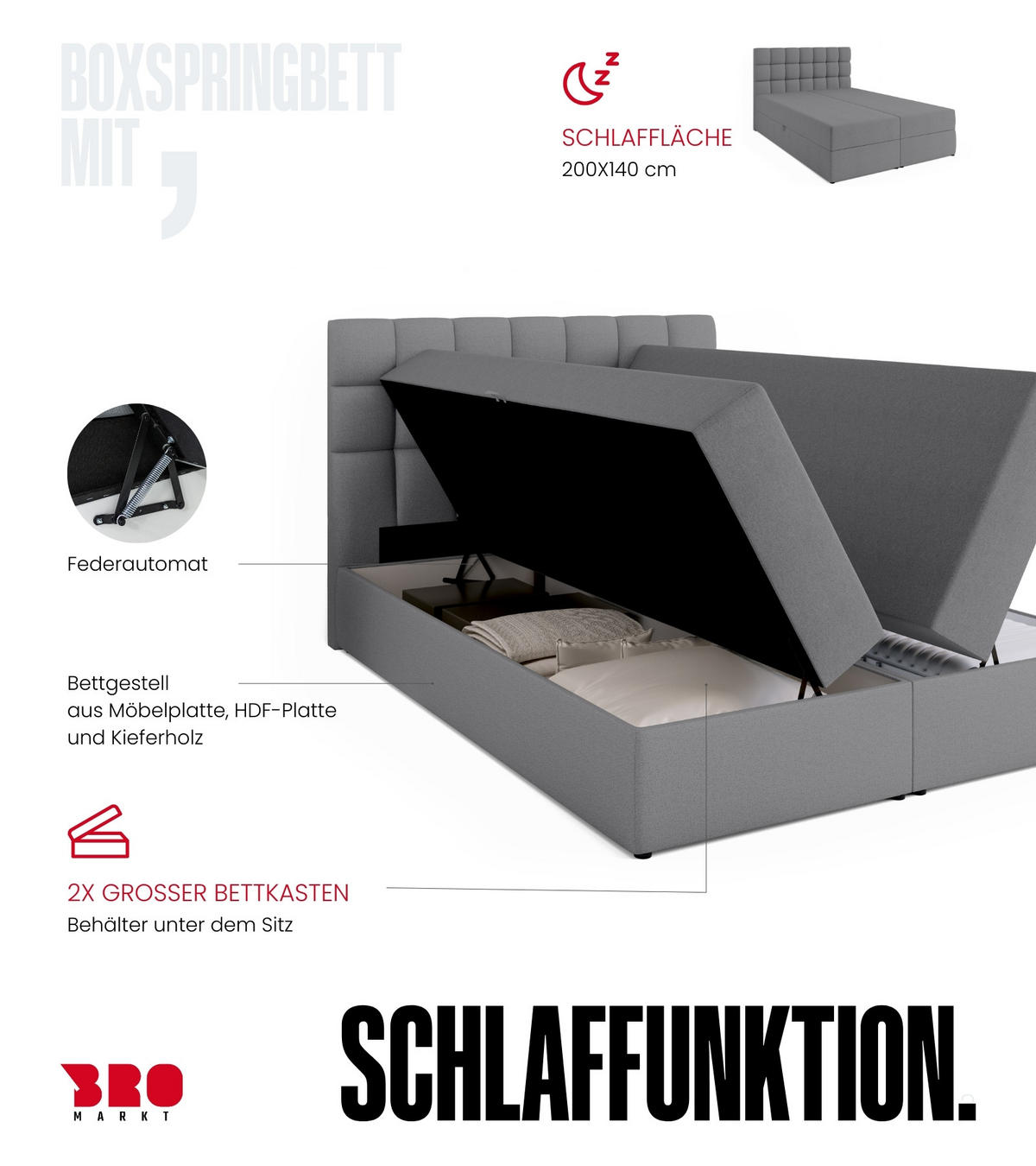 BOXBETT Dakota mit Topper 140/200 Hellgrau - Hellgrau, Textil (140/200cm) - Bromarkt