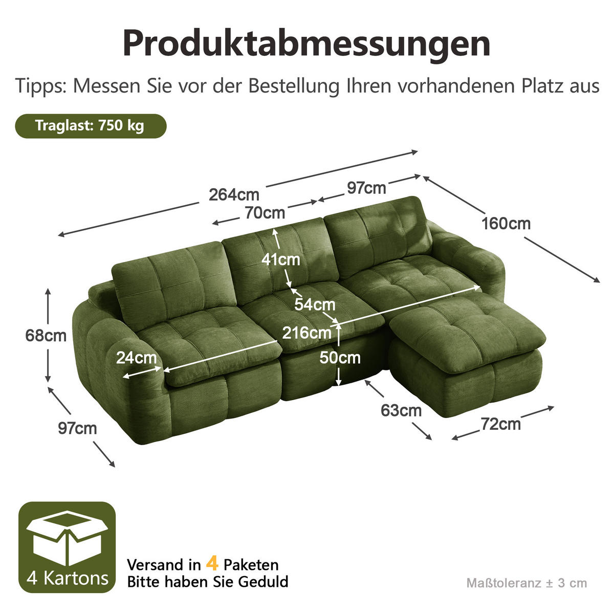 ECKSOFA DE-34464 L-Form mit Ottoman und Chenille-Bezug Grün - Grün, Textil (160/264cm) - ComfortXL