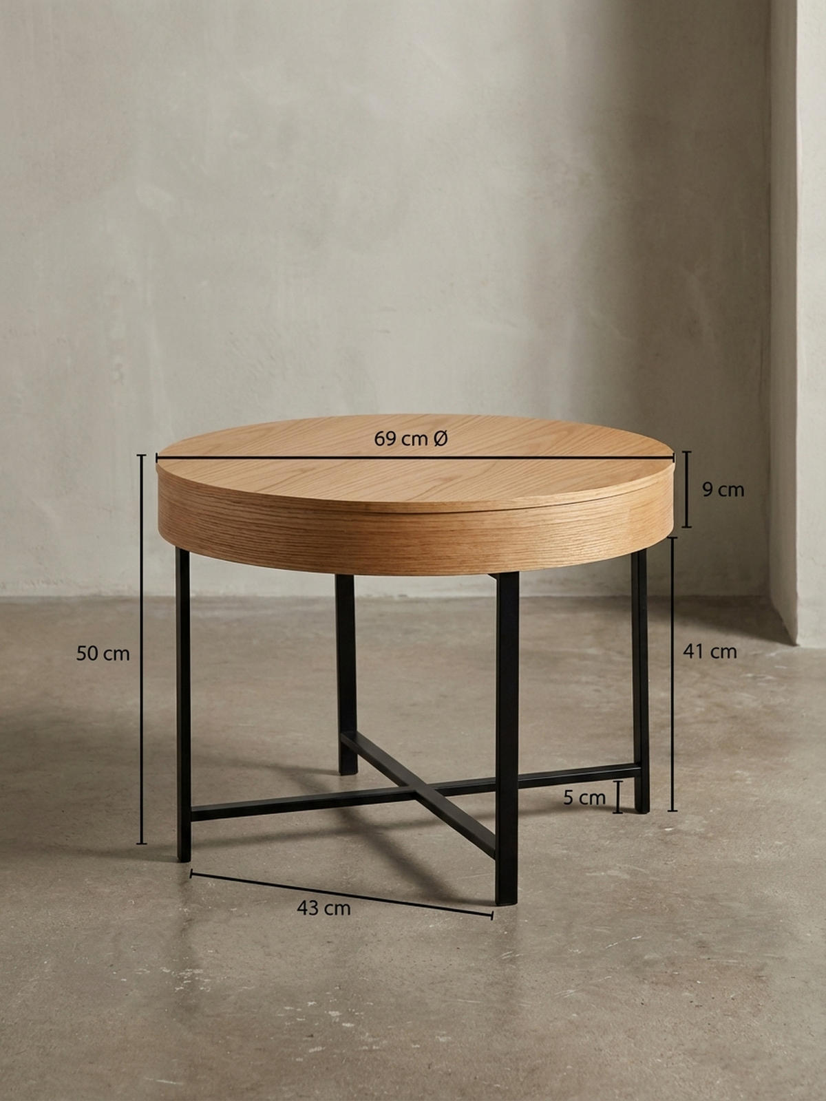 COUCHTISCH in Holzoptik mit Metallbeinen, Rund, Stauraumfunktion, Maße 69x49x69 cm - Schwarz/Braun, Holz/Metall (69/69/49cm) - KADIMA DESIGN