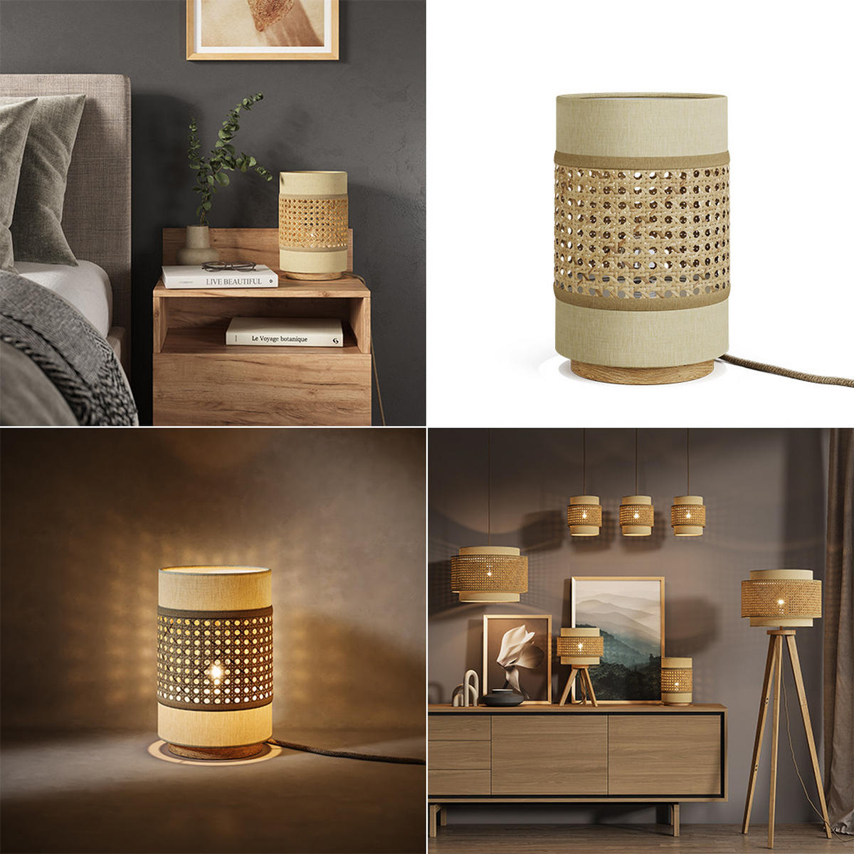 TISCHLAMPE Morten Rattan/Creme 17.5 x 26.5 cm - Creme/Braun, Holz (17.5/17.5/26.5cm) - Vicco