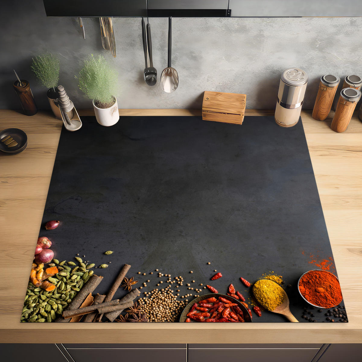 HERABDECKPLATTE - Kräuter - Lebensmittel - Gewürze - Schwarz - Paprika - Zimt - 60x60 - Currygelb, Kunststoff (60/60/0.2cm) - MuchoWow