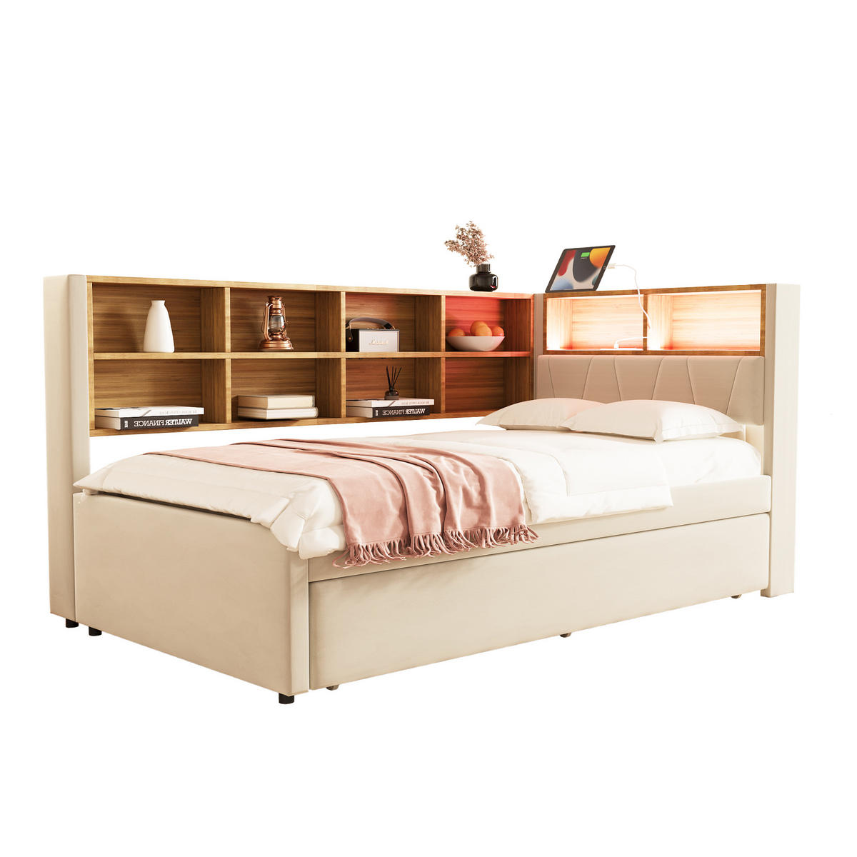 AUSZIEHBETT 90/200 cm Flanell Beige mit LED-Beleuchtung und Ladeanschlüssen - Beige, Textil (90/200cm) - OKWISH