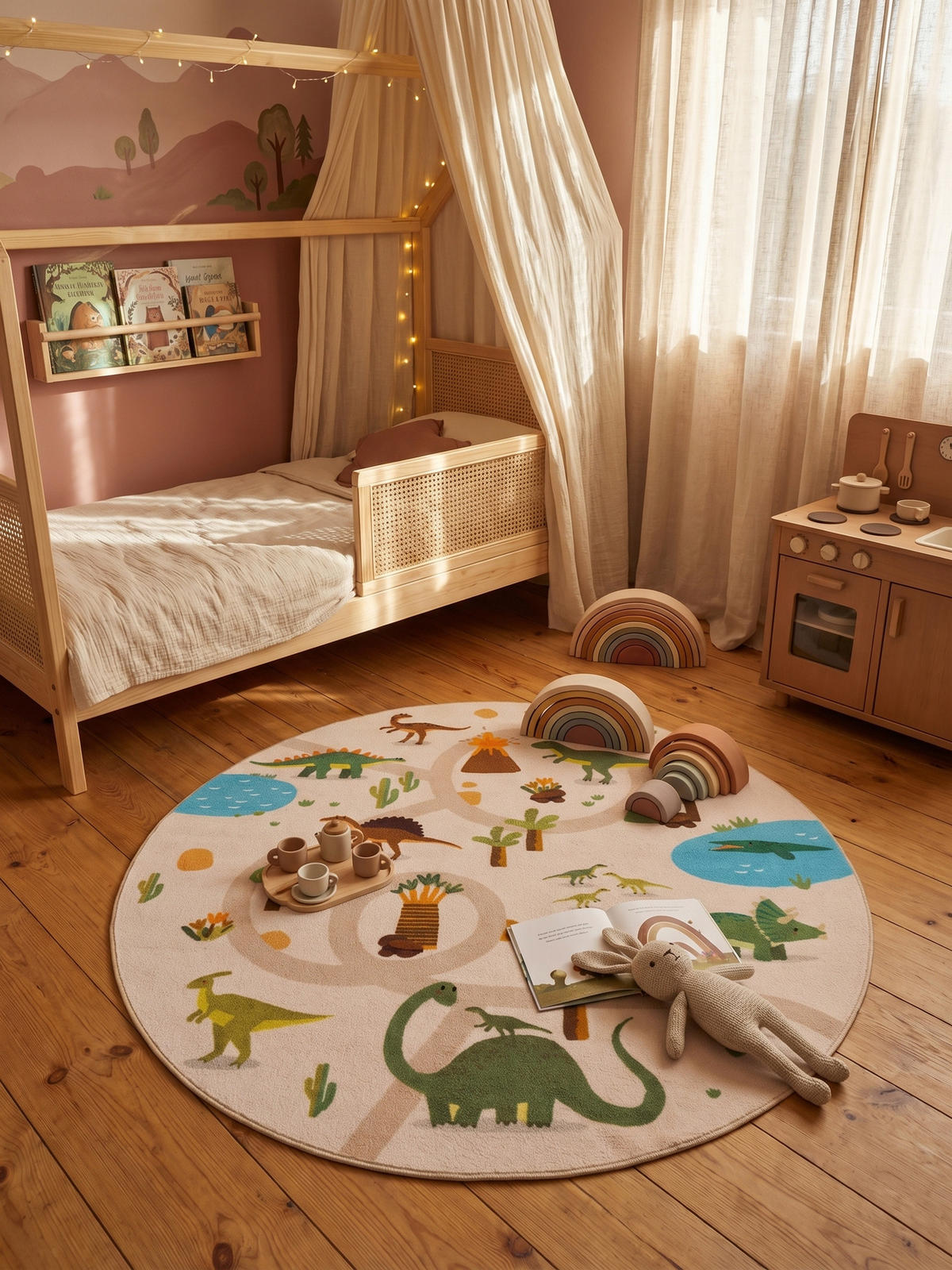 KINDERTEPPICH Kurzflor Dinosaurier-Landschaft Waschbar OEKO-TEX Spielteppich Jungen Mädchen Rund Beige 200x200 – TINO - Beige, Textil (200/200cm) - KADIMA DESIGN