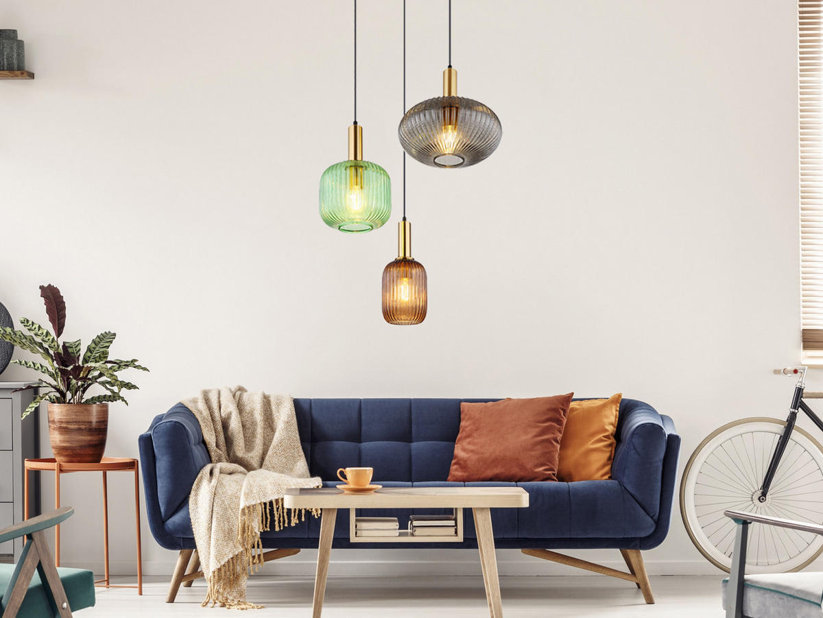 LED-PENDELLEUCHTE Ø55cm, Lampenschirme Glas Bunt - Hellbraun/Messingfarben, Glas/Metall (55/55/130cm) - meineWunschleuchte