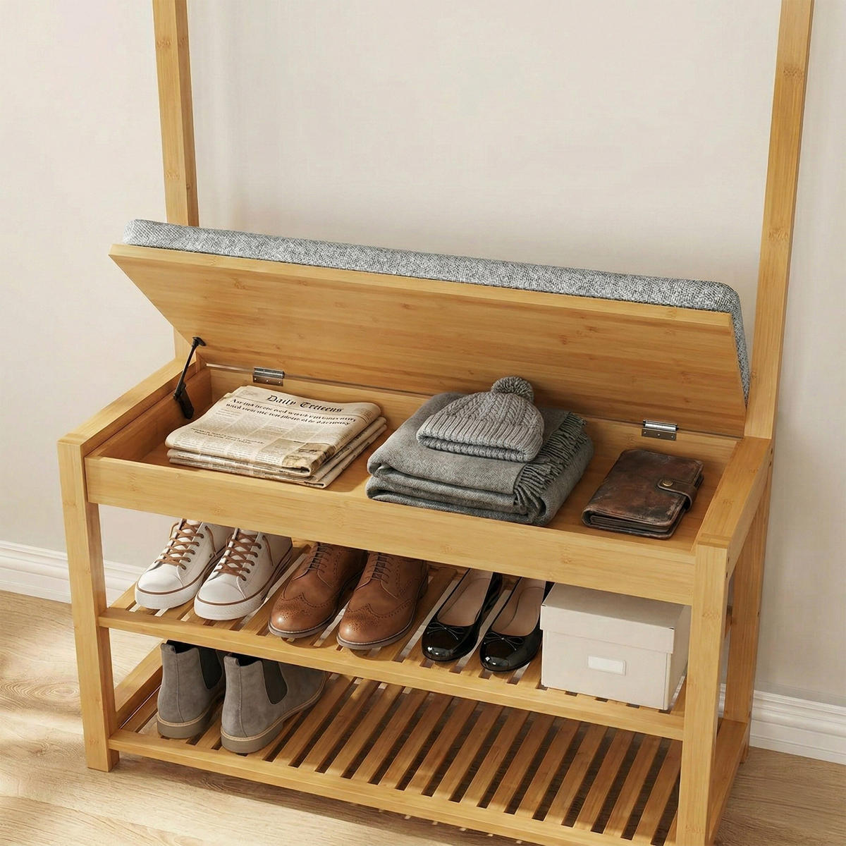 VĚŠÁK na kabát - světle hnědá, dřevo/textil (70/175/33cm) - Relaxdays